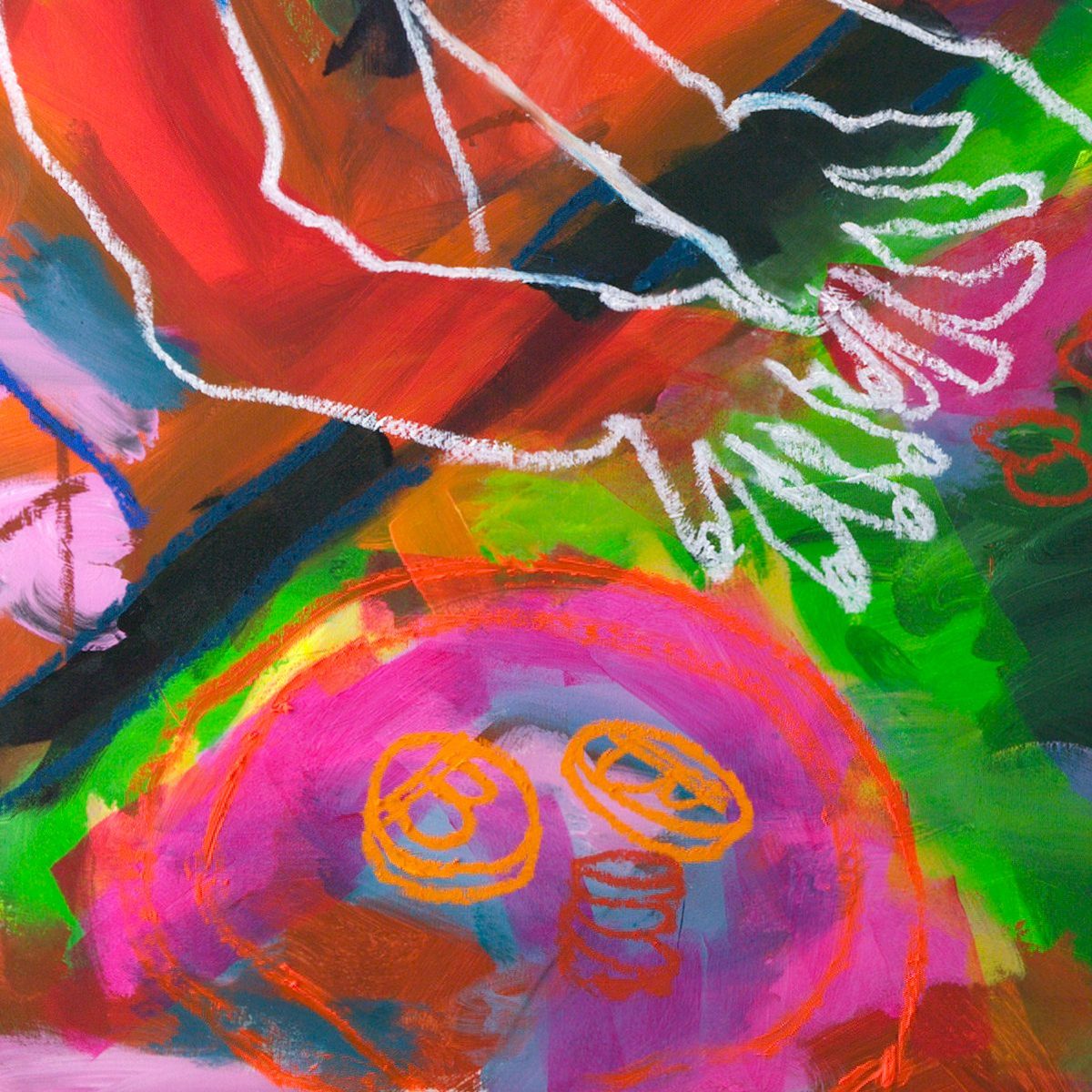 Detail of Rien ne va Plus (2026) by Claus Bertermann — a magenta tray at the table's edge holding two gold coins marked with the Bitcoin symbol, hands drawn in white oil stick reaching across acid-green and red acrylic