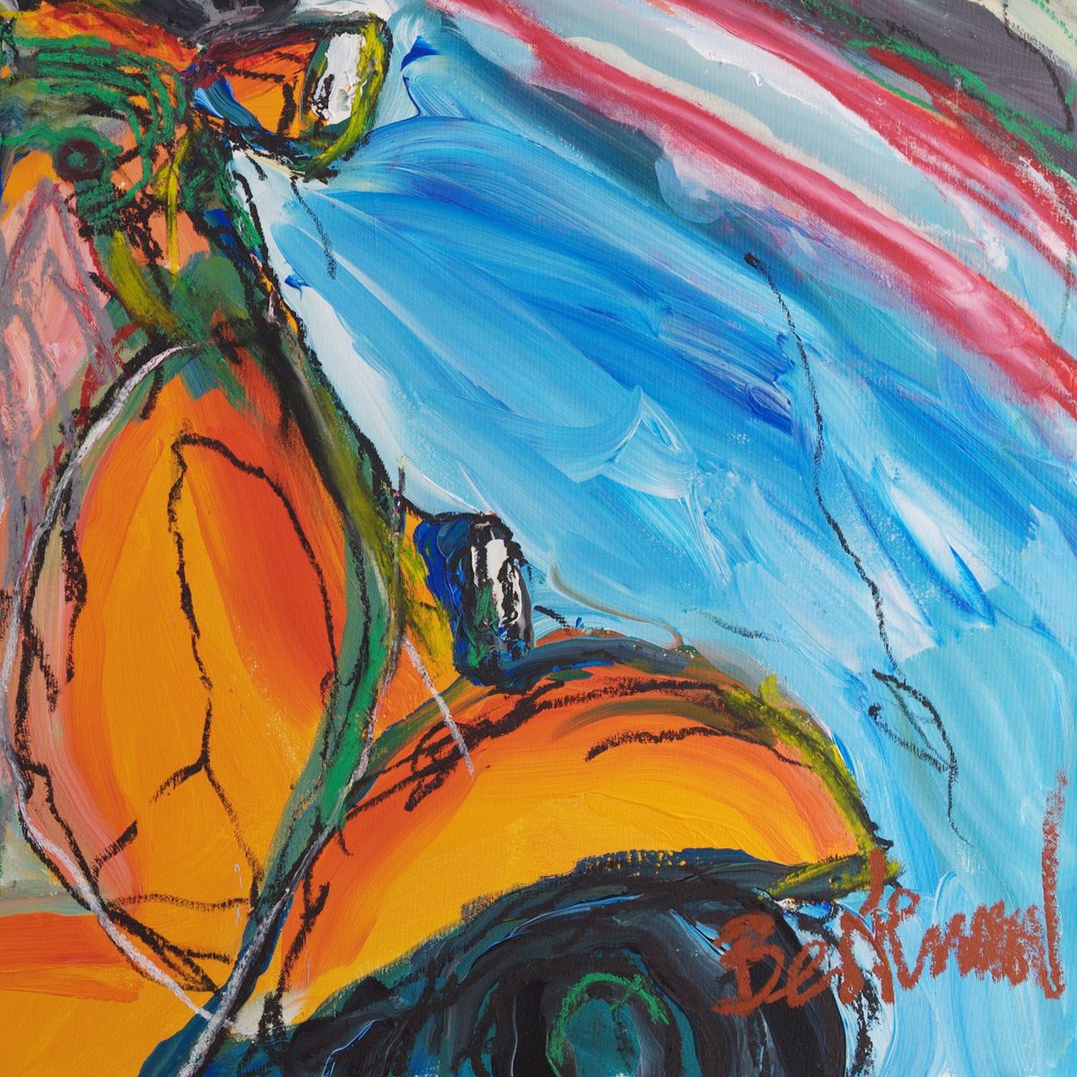 Detail of Roma 1 (2026) by Claus Bertermann - orange scooter bodywork drawn in black oil stick over the blue and white of the road, with red and pink streaks of a passing façade and the signature in red at the lower right