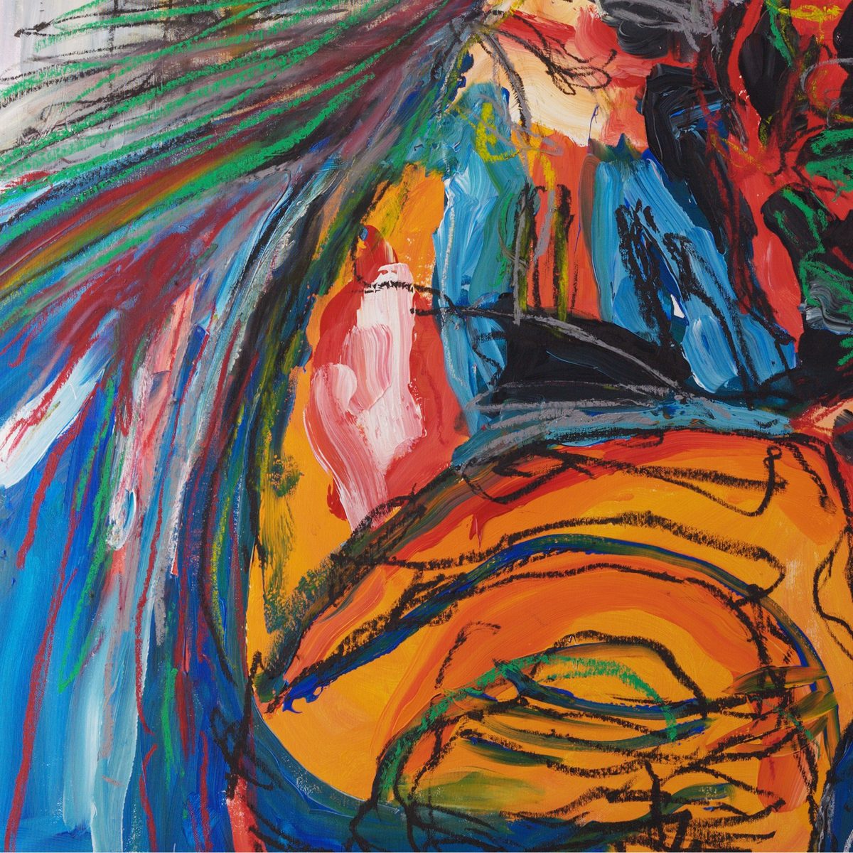Detail of Roma 1 (2026) by Claus Bertermann - the orange front of the scooter under heavy black oil-stick contour, with the air to the left breaking into long ribbons of green, red, turquoise and white