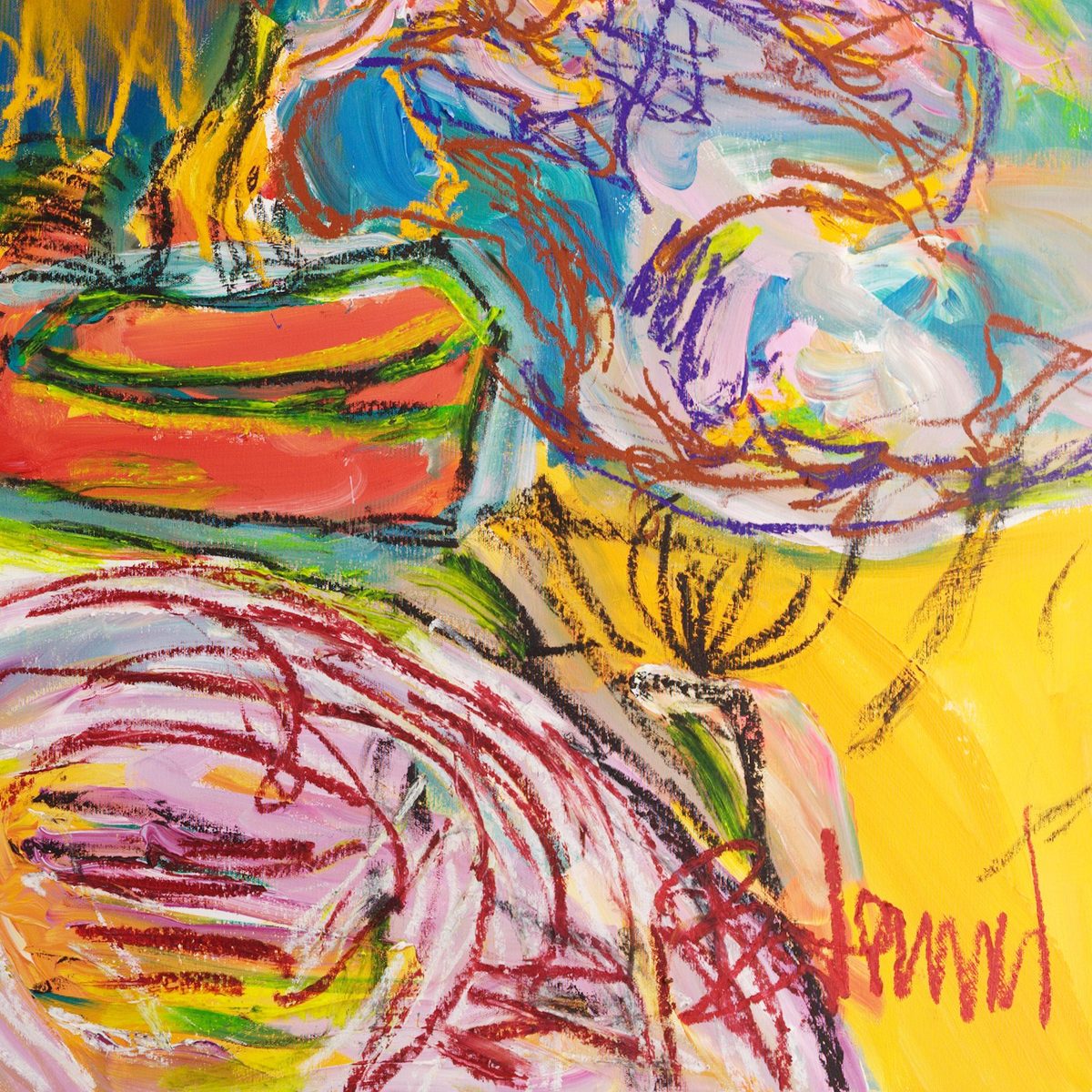 Detail of Roma 2 (2026) by Claus Bertermann - the pale pink and white bodywork of the scooter drawn in loose red oil-stick circles over a broad cadmium field of lamplight, with the signature in red at the lower right
