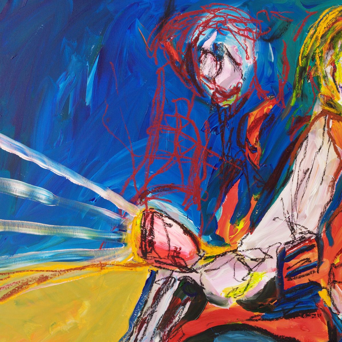 Detail of Roma 2 (2026) by Claus Bertermann - the scooter headlamp throwing four long white beams left across a deep cobalt night, with a scaffolded façade and a second figure scratched into the dark in red oil stick