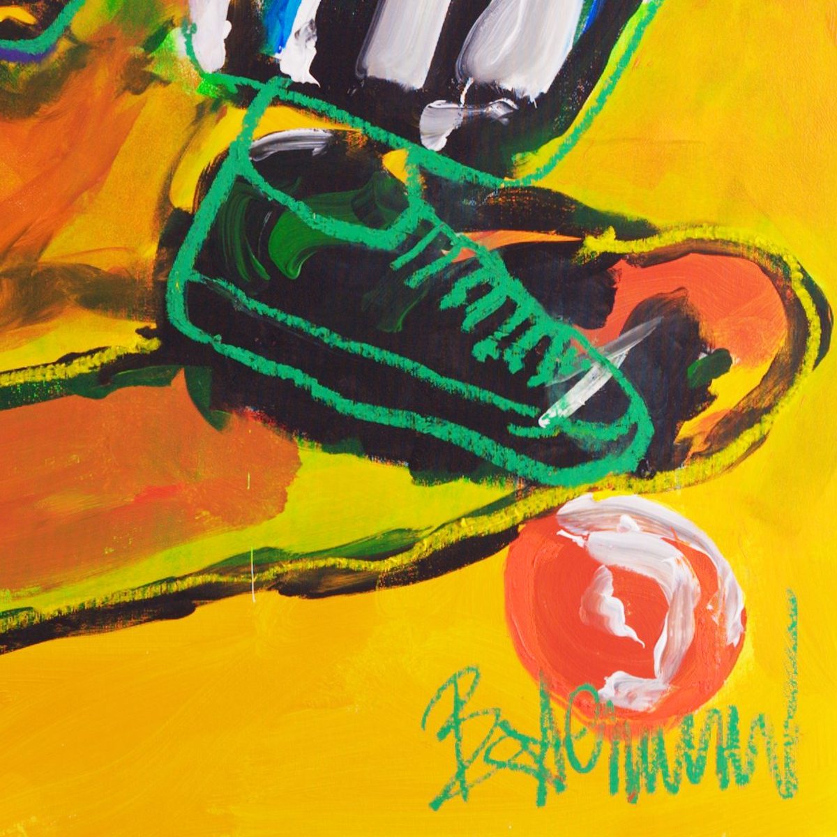 Detail of Sidekick (2026) by Claus Bertermann — a dark sneaker outlined in thick green oil stick resting beside a motionless orange skateboard wheel, with the artist's green 'Bertermann' signature at the lower right