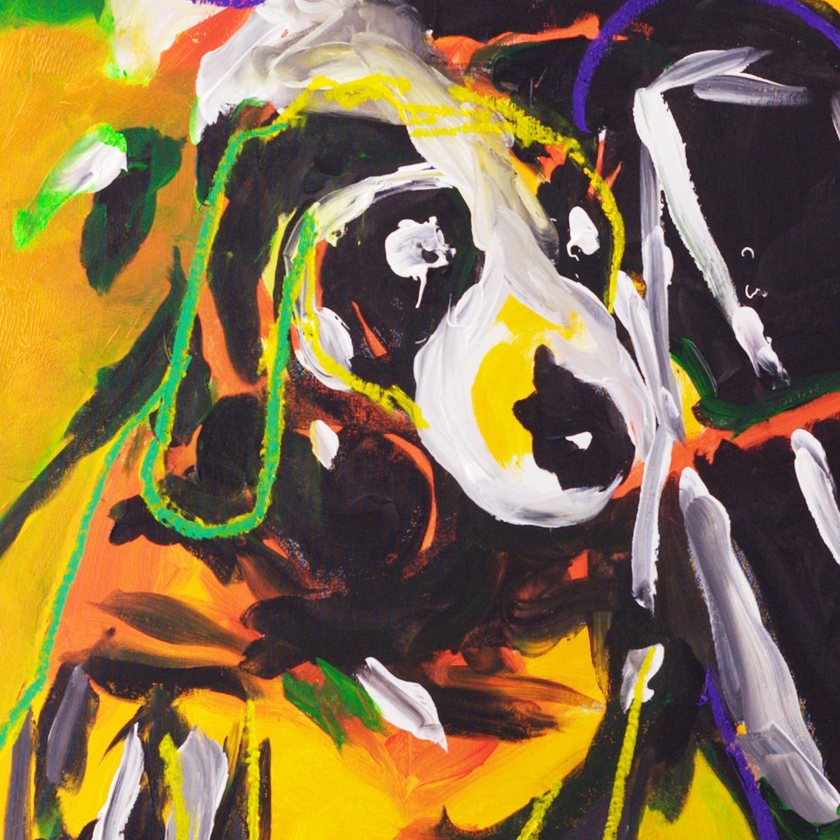 Detail of Sidekick (2026) by Claus Bertermann — the black-and-white dog's head tilted upward, white muzzle with a black nose patch and a yellow blaze at the cheek, a yellow and a green oil-stick line looping around him as collar and lead