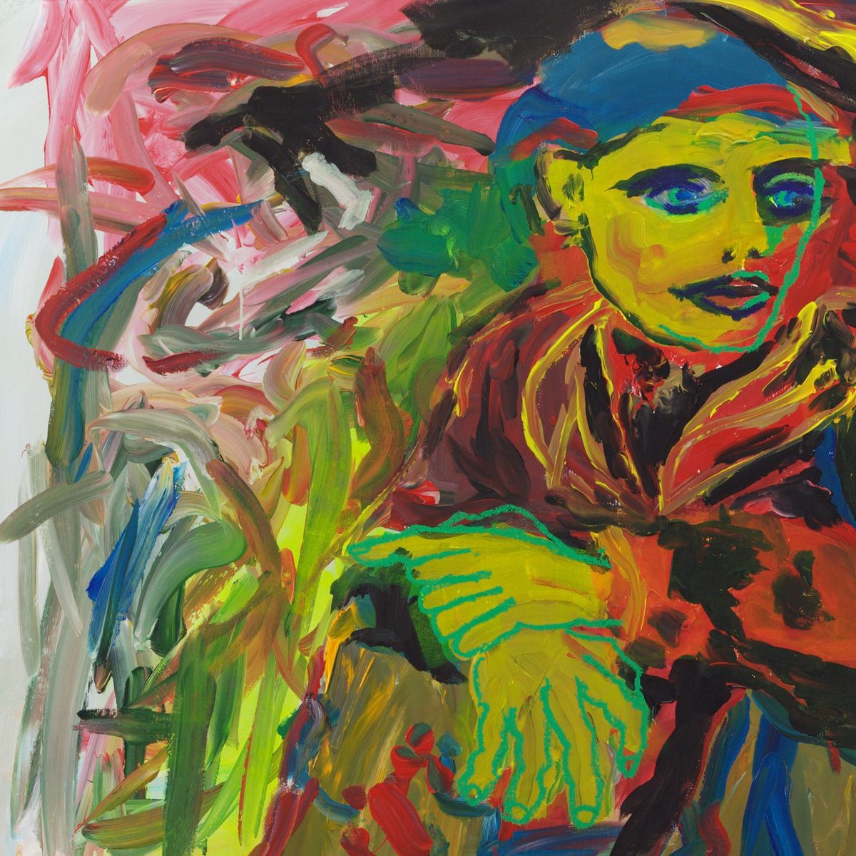 Detail of Sidekick Two (2026) by Claus Bertermann — the figure's yellow face with a green contour line and dark blue mouth above one broad open hand outlined in vivid green oil stick, all five fingers extended and empty