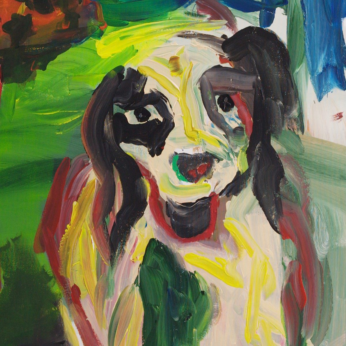 Detail of Sidekick Two (2026) by Claus Bertermann — the dog's cream-white head with long black ears, black eyes rimmed in red and a black nose touched with red and green, facing the viewer directly