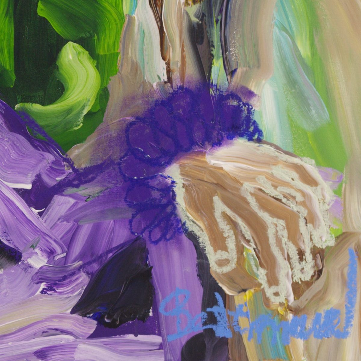 Detail of So Be It (2026) by Claus Bertermann - a hand in ochre and cream with fingers drawn in white oil-stick line resting open beneath a cuff of dense violet ermine loops on the lilac mantle, with the blue signature at the lower right