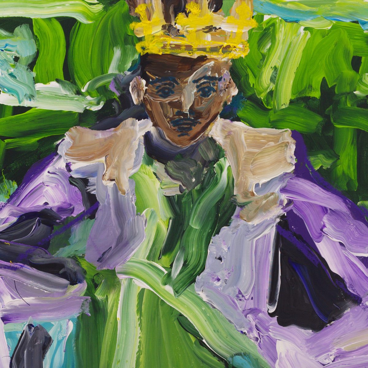 Detail of So Be It (2026) by Claus Bertermann - the crowned head painted in warm browns with eyes and mouth drawn in blue-black line, a cadmium yellow crown in heavy impasto, a dark green tunic and a lilac mantle against broad strokes of grass green