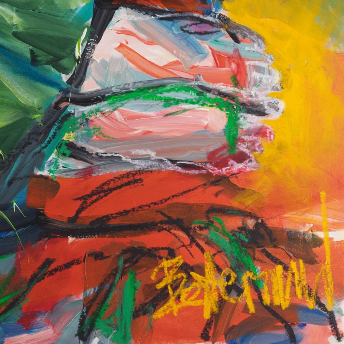 Detail of Stillness (2026) by Claus Bertermann - pale pink, white and coral cushions outlined in green oil stick at the end of a vermilion chaise longue, a burning cadmium yellow field at the right edge and the yellow signature at the lower right