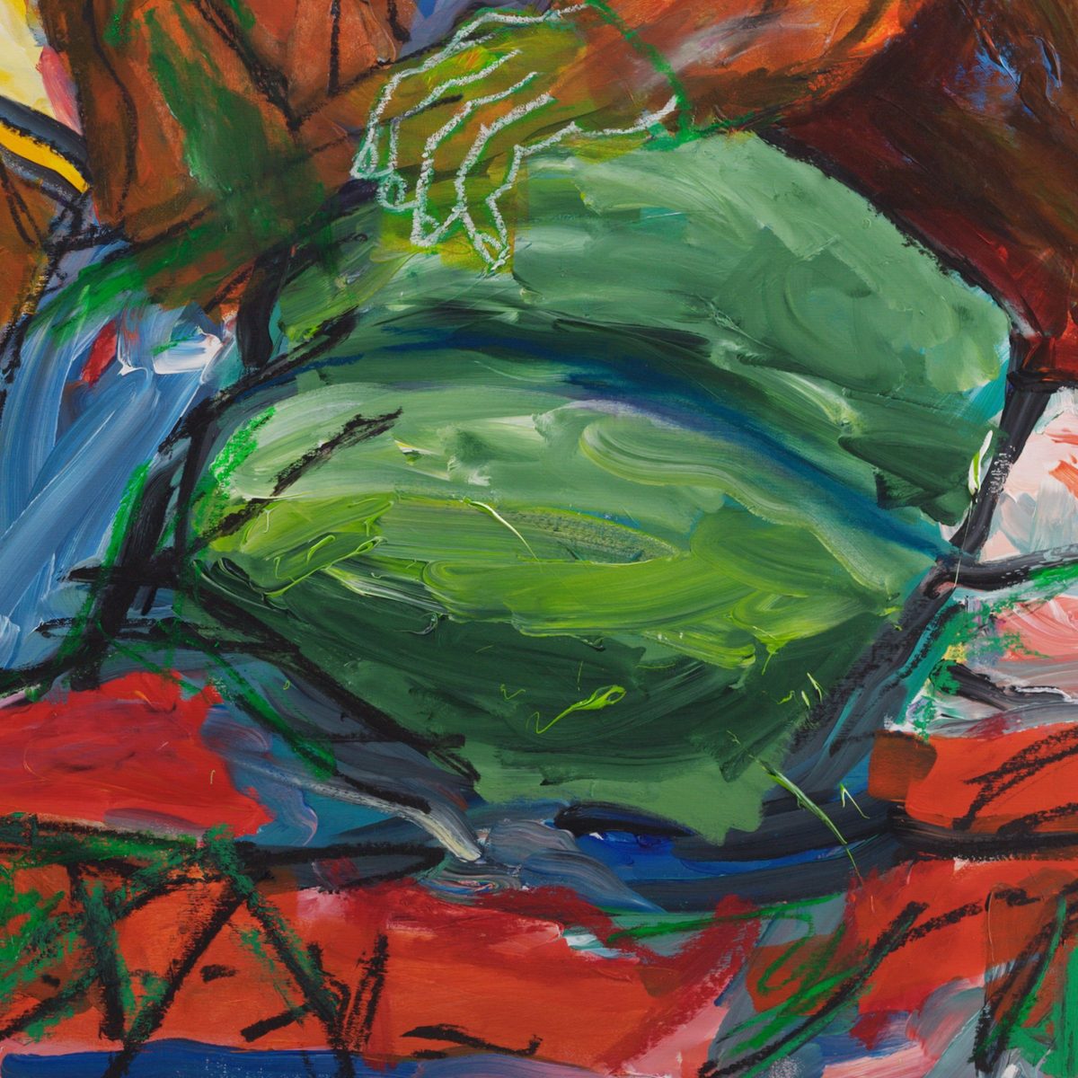 Detail of Stillness (2026) by Claus Bertermann - a hand drawn in a single continuous white oil-stick line resting on a large green mass painted in broad concentric strokes, framed by black contour and the vermilion of the chaise longue