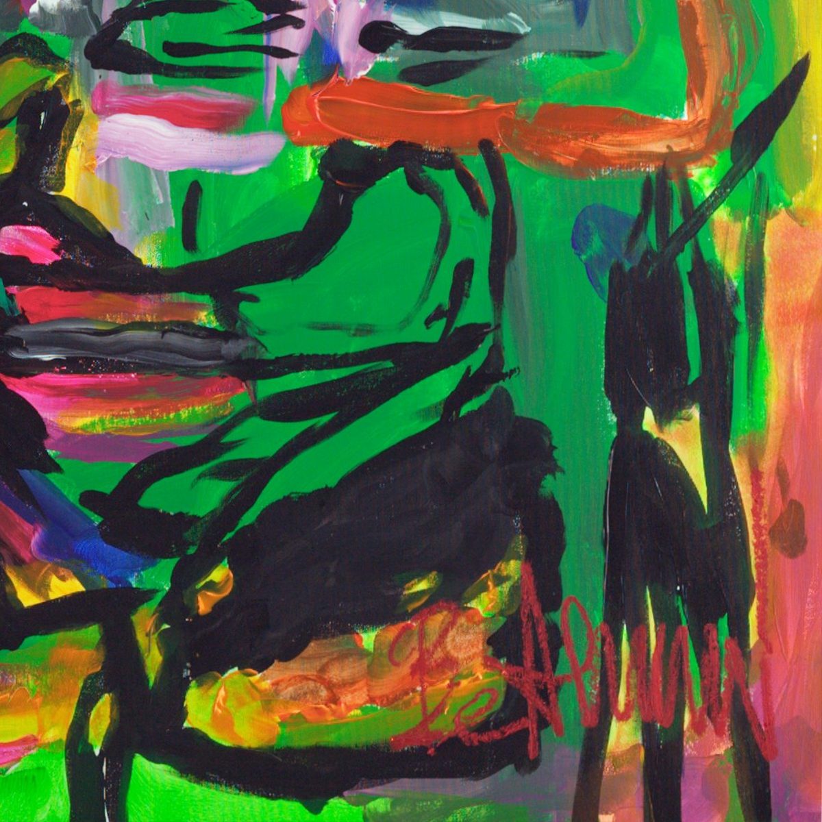 Detail of The Facilitator (2026) by Claus Bertermann — a dark sneaker with scribbled black oil-stick laces over glowing orange ground, with the artist's red 'Bertermann' signature at the lower right