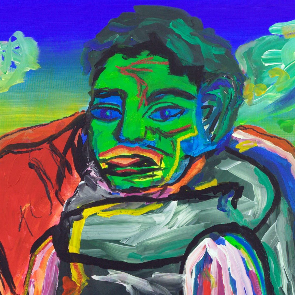 Detail of The Facilitator (2026) by Claus Bertermann — the man's meadow-green face with blue shadow side, tired ultramarine eyes, red oil-stick marks on the forehead and a heavy coral mouth, above a flame-orange jacket and broad silver-grey brushstrokes