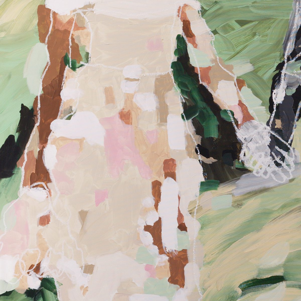 Detail of Till Disconnect Do Us Part (2026) by Claus Bertermann — the bride's white-gloved hand resting in the robot's dark hand, her cream and pink dress built from open paint patches over brushed greens