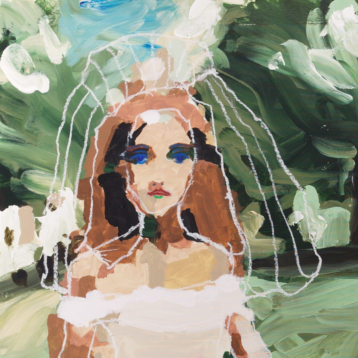 Face detail of Till Disconnect Do Us Part (2026) by Claus Bertermann — bride with auburn hair and pale blue eyes, her veil drawn entirely in white oil stick over broadly brushed green foliage