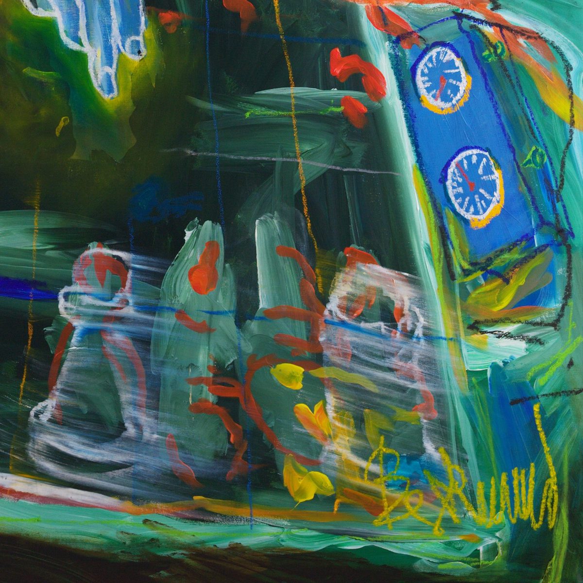 Detail of Trace (2026) by Claus Bertermann - translucent grey and white chess pieces drawn in white oil stick with orange and red accents on a dark green board, beside a blue chess clock with two white dials, red hands and yellow rims, and the artist's yellow oil-stick signature