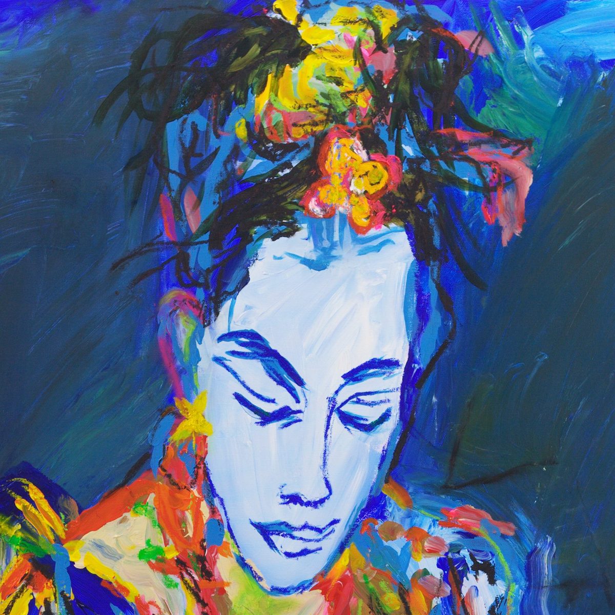 Detail of Trace (2026) by Claus Bertermann - the young woman's pale blue face with lowered eyes, brows and mouth drawn in dark blue oil stick, her dark hair gathered up in black oil-stick strands and set with yellow, orange and red flowers against a deep blue background