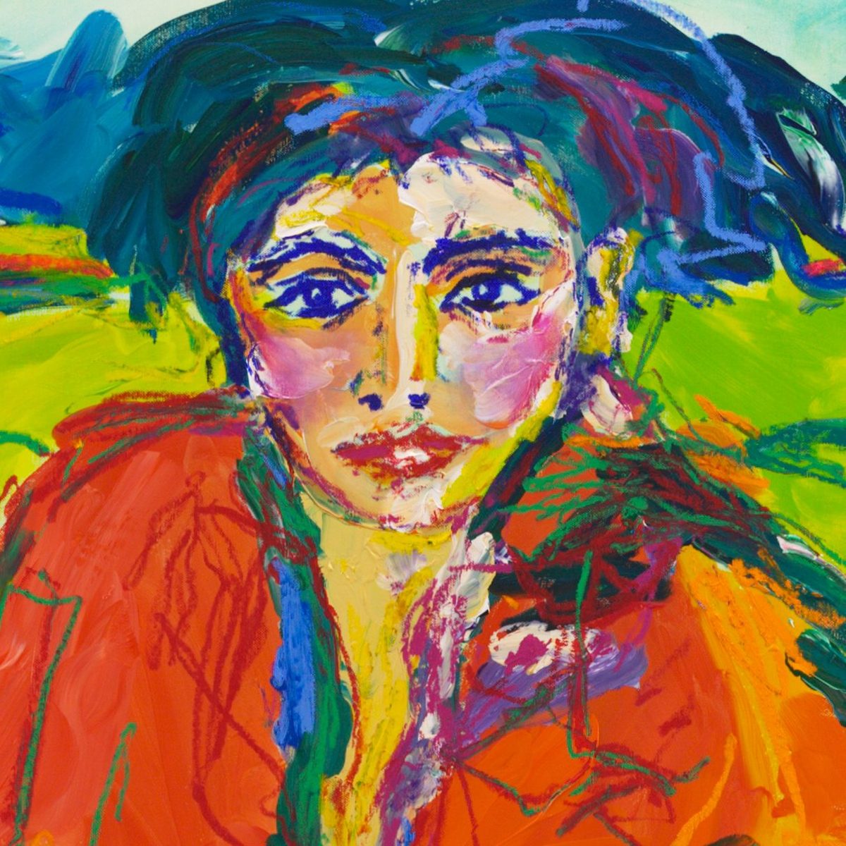 Detail of Windspiel (2026) by Claus Bertermann - the woman's face with blue eyes, dark blue brows, red lips and pink cheeks, dark blue-black hair drawn in oil stick, above a vermilion coat against a lime-green armchair