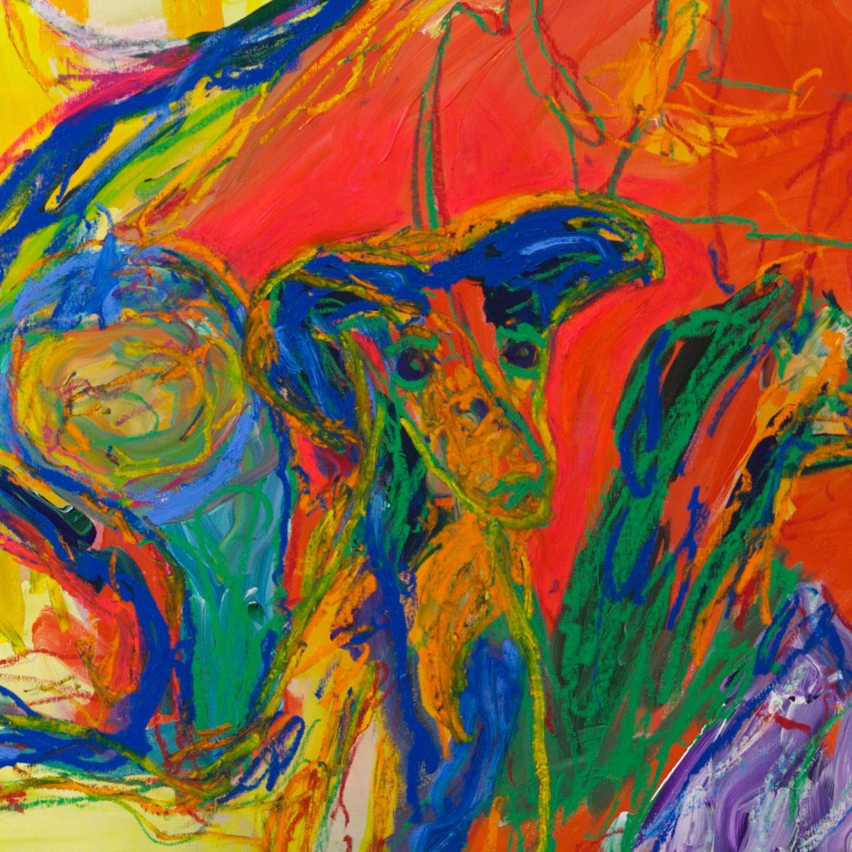 Detail of Windspiel (2026) by Claus Bertermann - the greyhound's head drawn in oil stick, orange with a long narrow muzzle, two dark eyes and blue folded ears, beside a round ochre and teal armrest form against the vermilion coat
