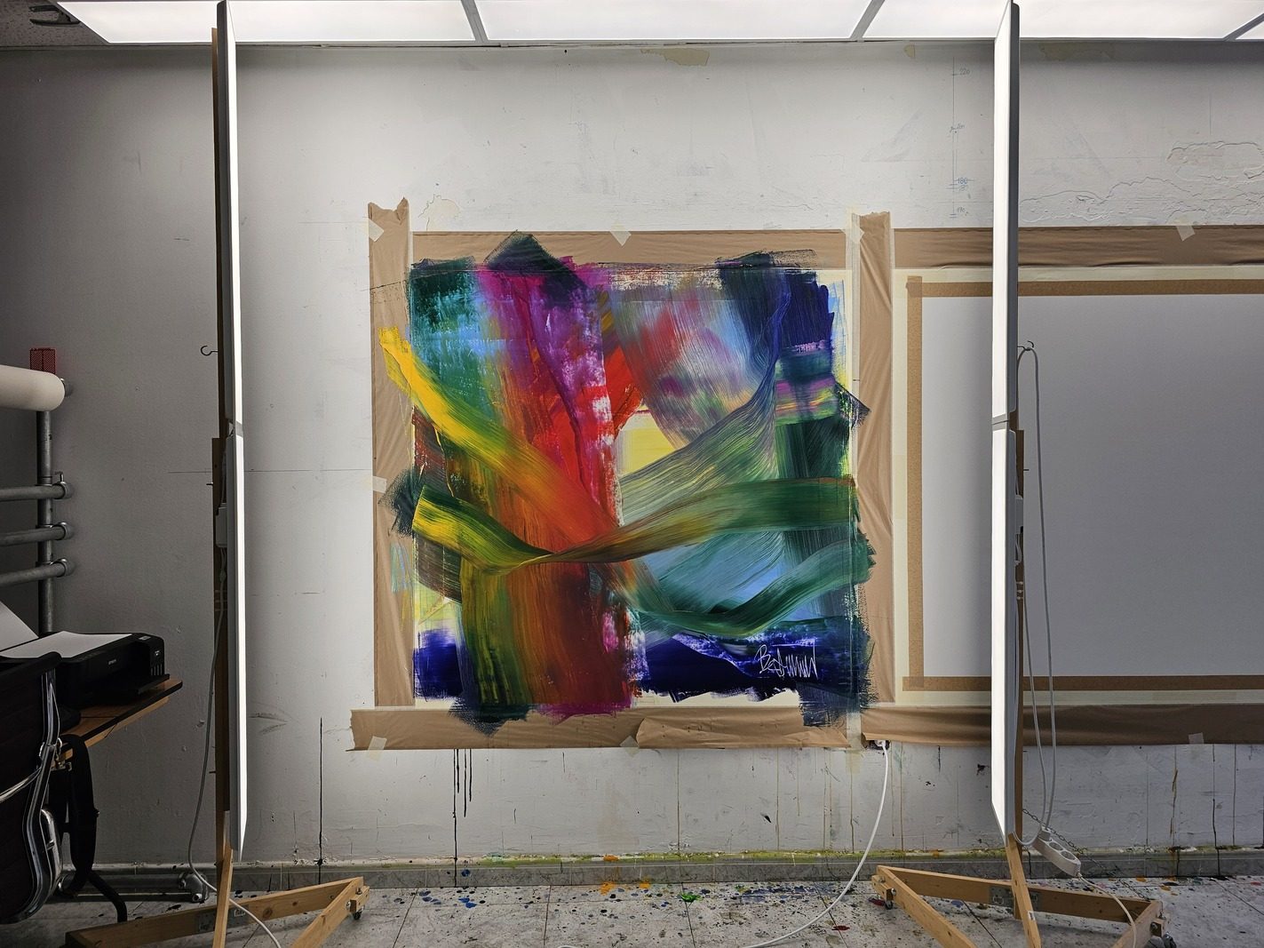 Claus Bertermann – Geranium (2026), a 130 × 130 cm square abstract oil painting by Claus Bertermann — magenta, cadmium yellow and red layered with a sweeping diagonal of green against cooler fields of deep blue and violettermann - Journal...