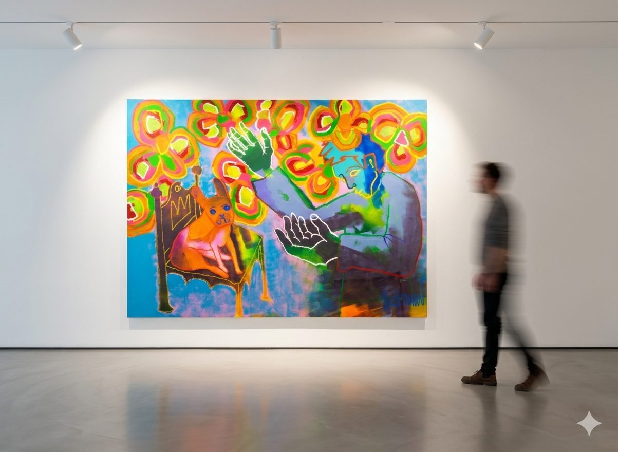 A large-scale (130x180 cm) contemporary figurative painting titled "FLOWER SHOWER" by Claus Bertermann, featuring a French Bulldog on a throne and an adoring human subject amidst vibrant neon flowers.