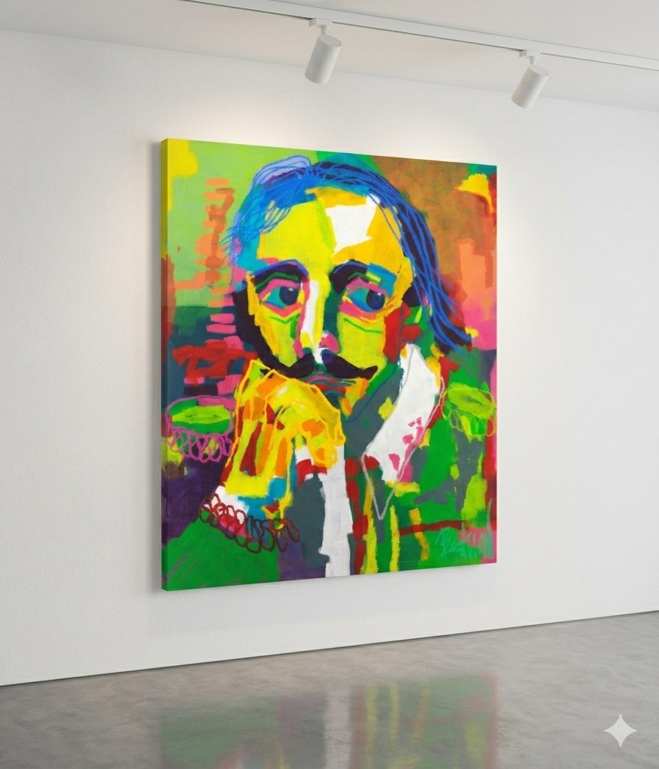 A large-scale, vibrant figurative portrait of Miguel de Cervantes by artist Claus Bertermann (130x110 cm), featuring bold neon colors and expressive brushstrokes in a modern gallery setting.