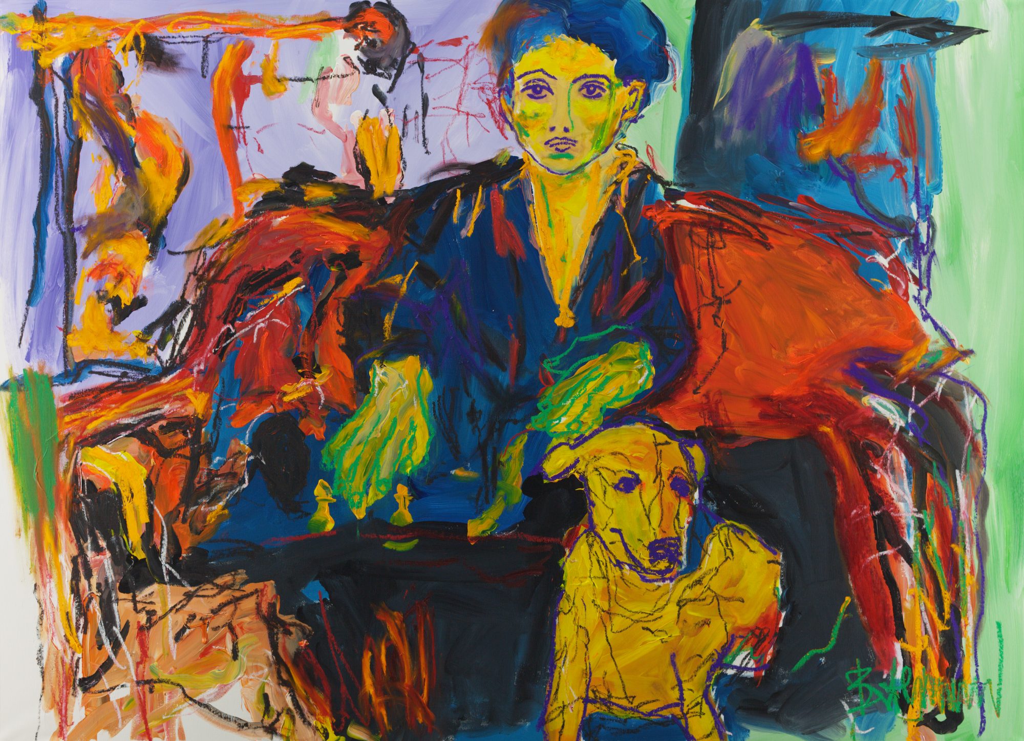 Affinity (2026), a 130 x 180 cm painting by Claus Bertermann - a woman, her dog and one chess game. Hand-painted, no AI.