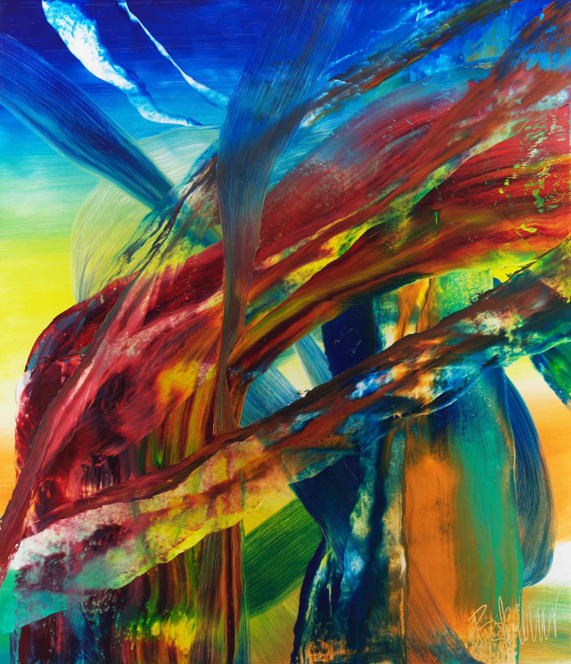 BARCELONA (2026) by Claus Bertermann — abstract oil painting, 150 × 130 cm, oil on canvas, reworked through layering and scraping, studio Oviedo