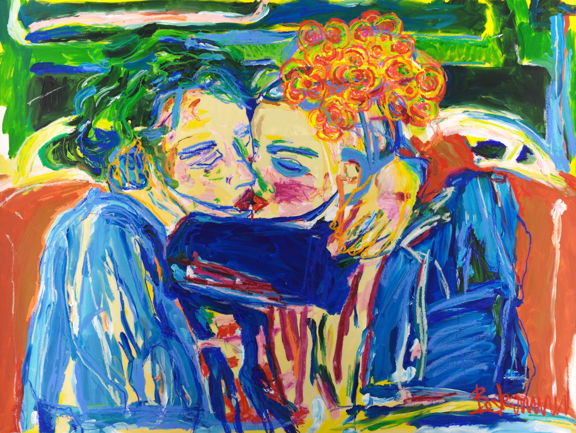 Beso (2026), a 150 x 200 cm painting by Claus Bertermann - a young couple kissing in a café, eyes closed, flowers blooming in her hair. Hand-painted, no AI.