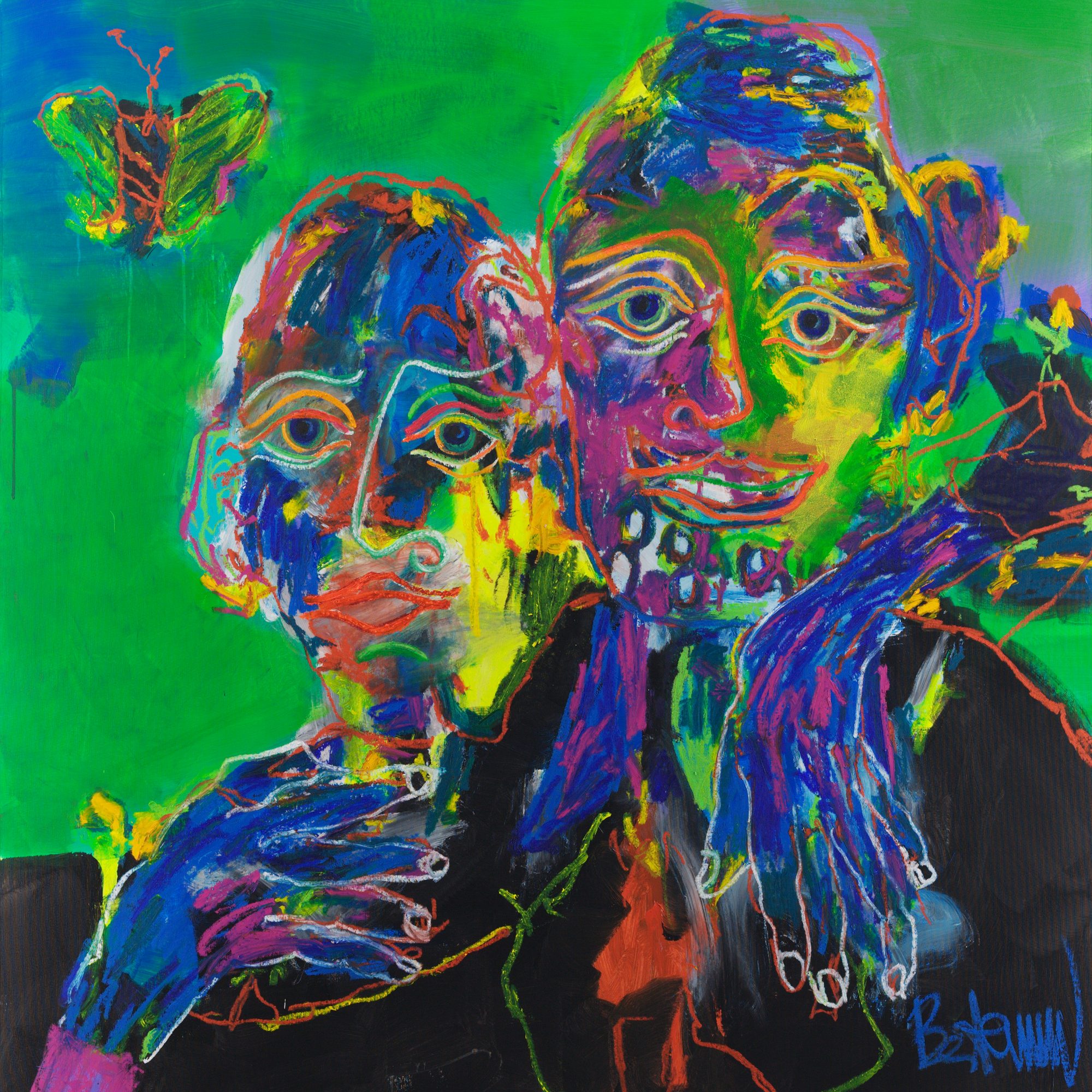 Blitz Liebe (2026) by Claus Bertermann — two figures cheek to cheek with wide orange-rimmed eyes and a line-drawn butterfly, oil pastel in electric pinks, yellows and blues over roller-applied acid-green acrylic. 160 × 160 cm. Hand-painted, no AI.