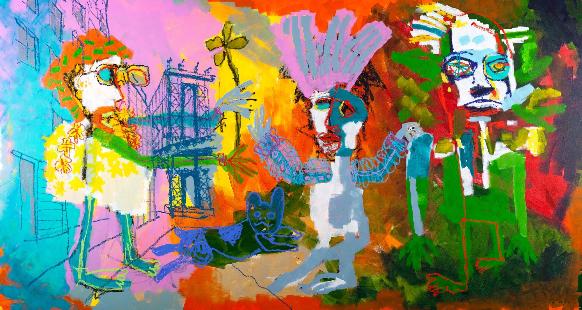 Claus Bertermann - Brooklyn Clash, contemporary figurative painting, Acrylic and oil stick on canvas, 160x300 cm (63.0 × 118.1 inches), 2024