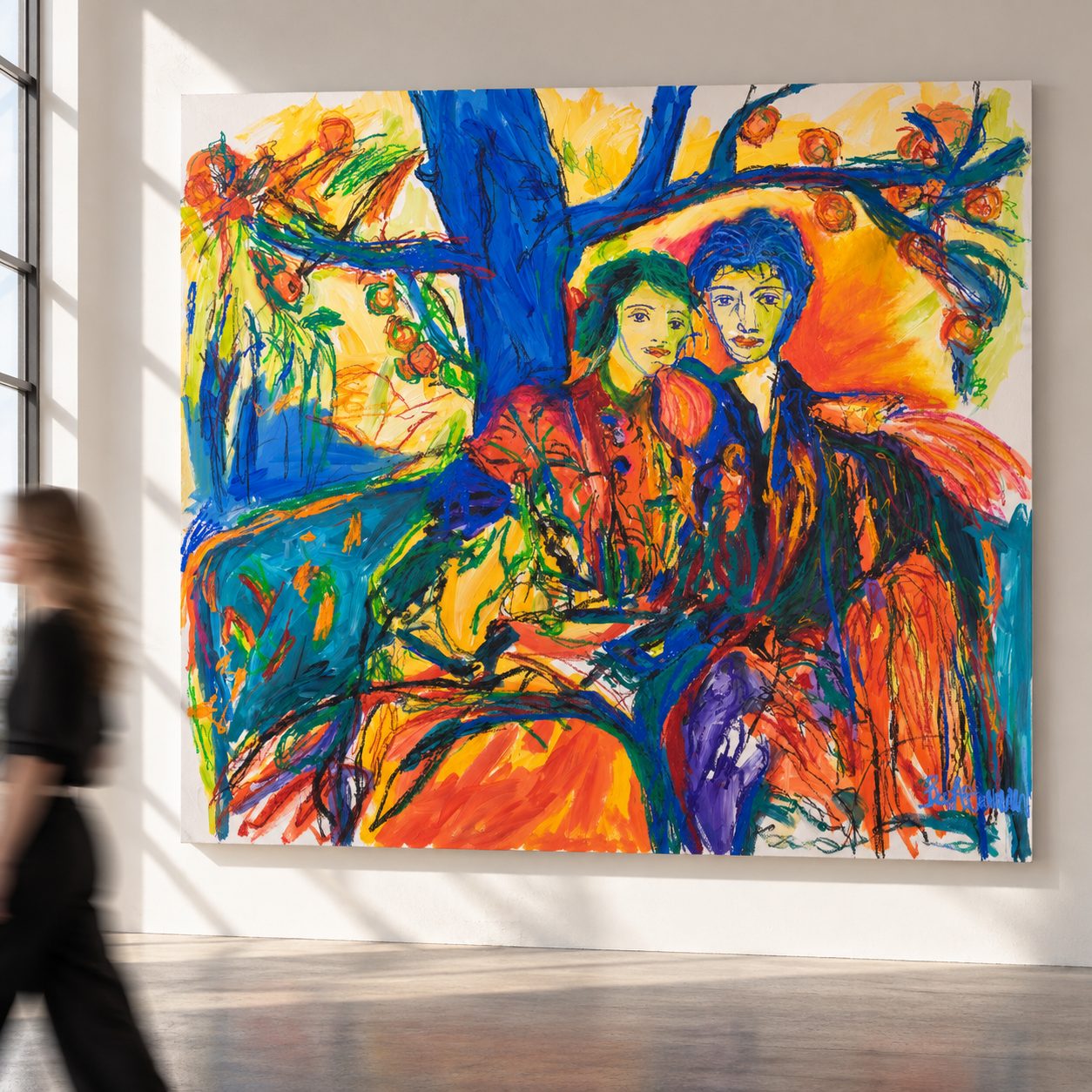 Common Ground (2026), a 200 x 240 cm painting by Claus Bertermann - a couple under a fruit tree, and nobody is reaching. Hand-painted, no AI.