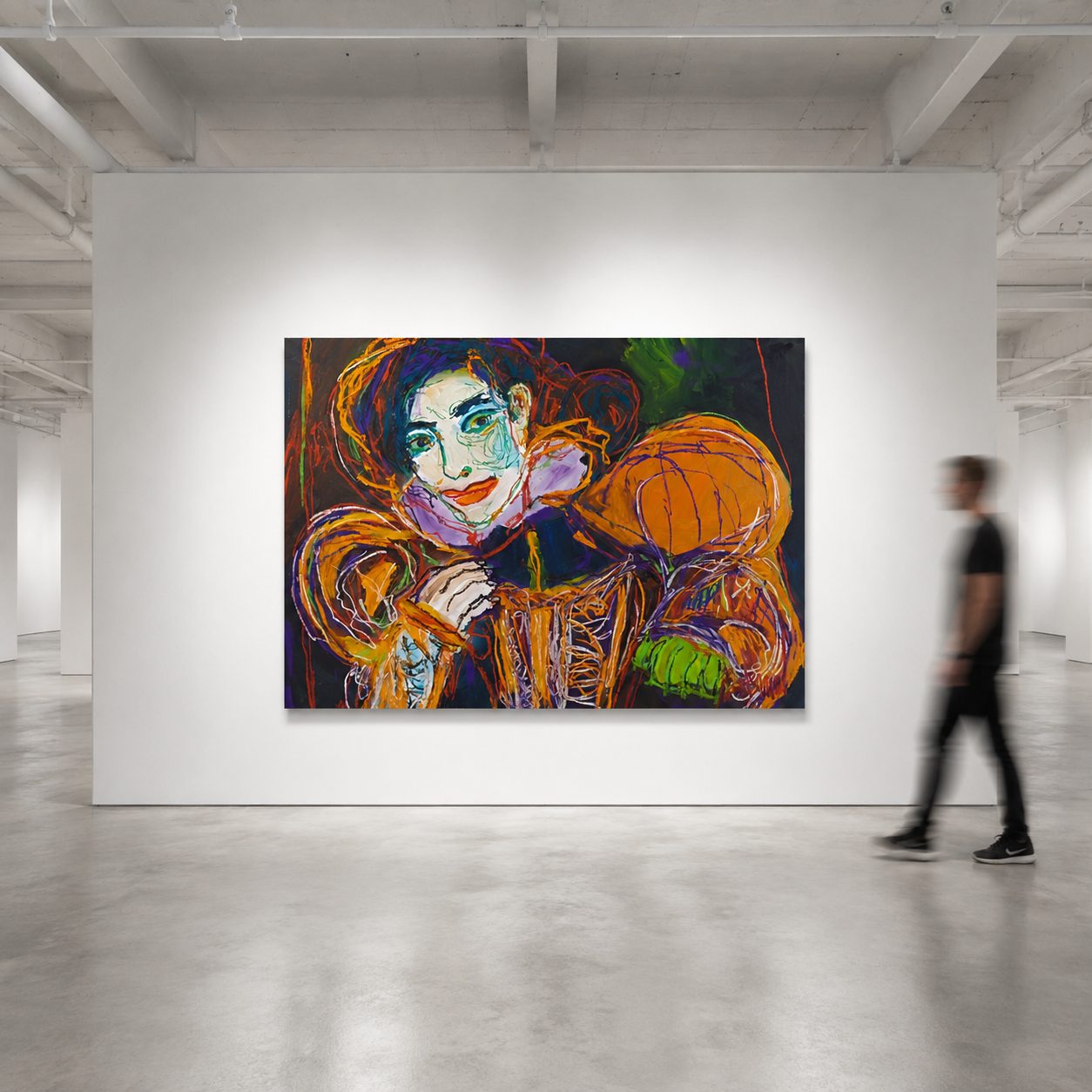 Cosplay Royale (2026) by Claus Bertermann — a woman in medieval court dress with a wide white ruff and enormous orange puffed sleeves resting her chalk-white face on her hand, drawn in violet and white oil stick over flame-orange acrylic against black. 130 × 180 cm. Hand-painted, no AI.