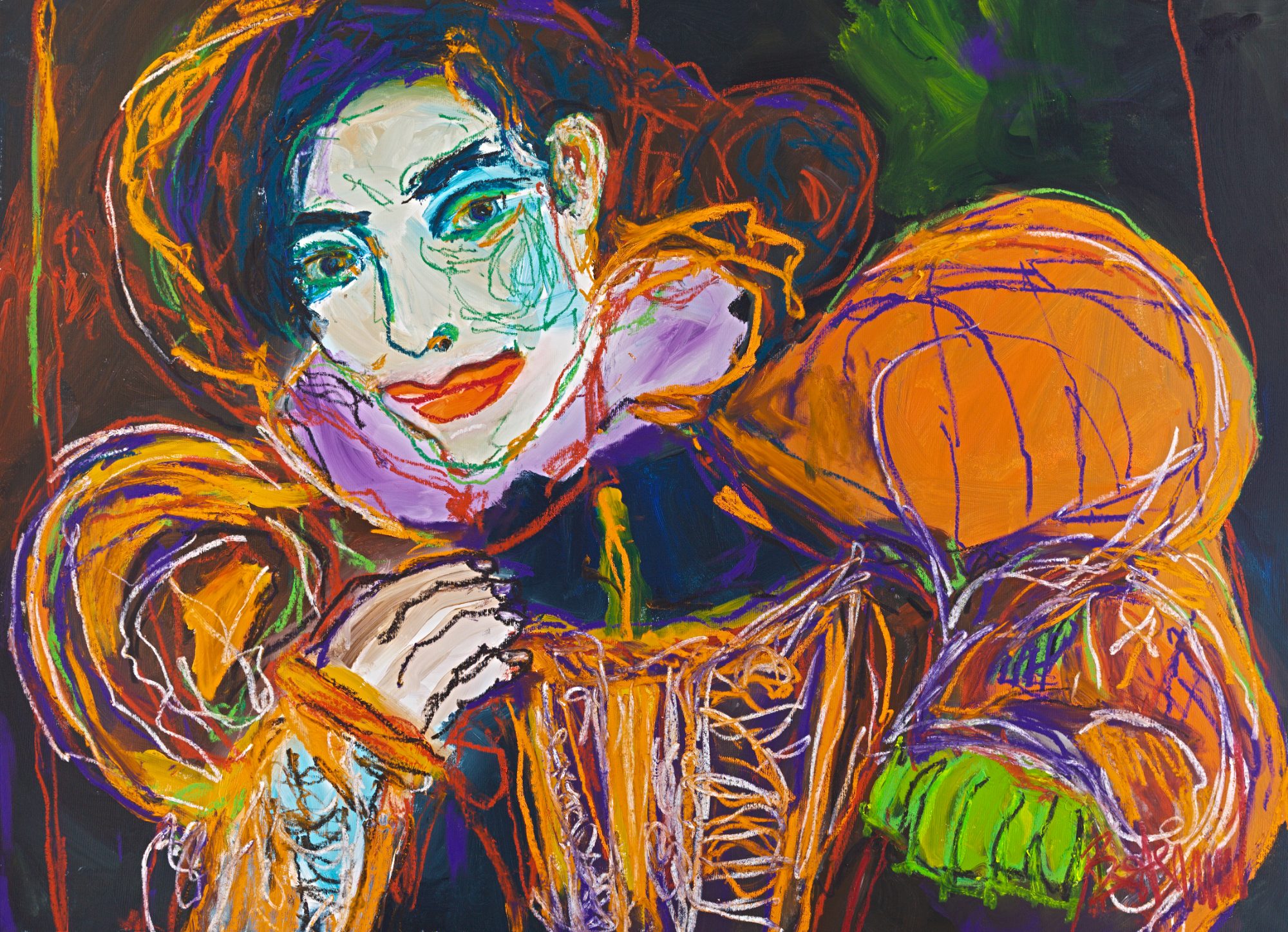 Cosplay Royale (2026), a 130 × 180 cm figurative painting by Claus Bertermann: a woman in medieval court dress, bored inside a perfect costume. Hand-painted, no AI.
