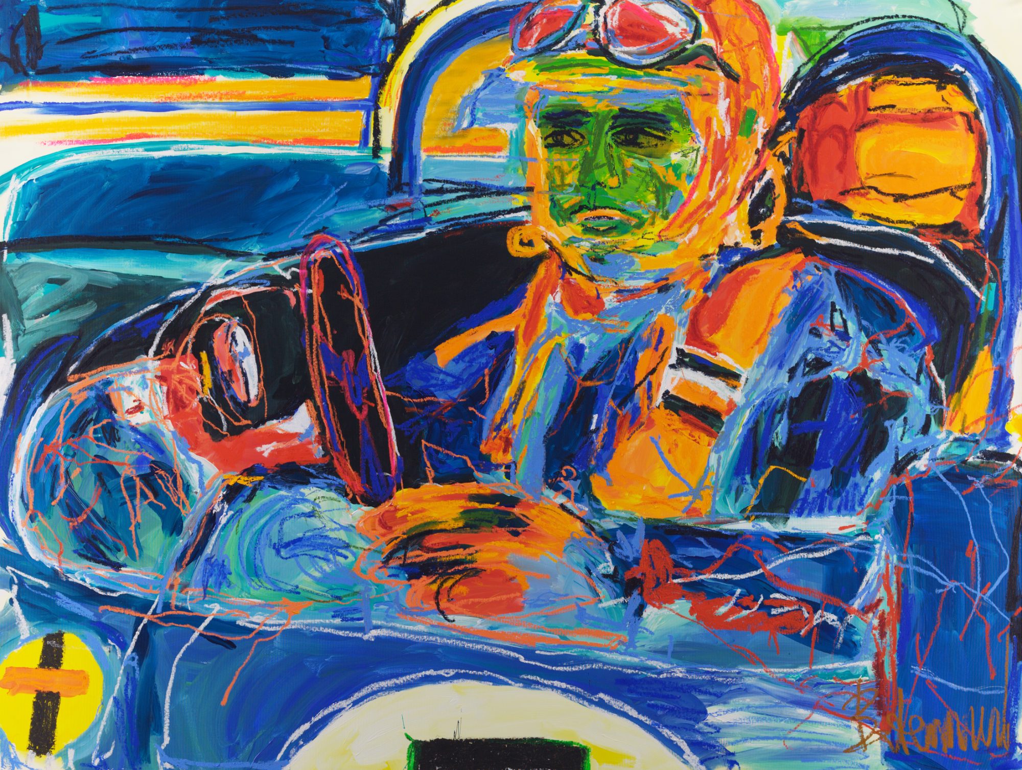 Cross the Line (2026), a 150 x 200 cm painting by Claus Bertermann - a 1960s racing driver just past the finish, where an end becomes a start. Hand-painted, no AI.