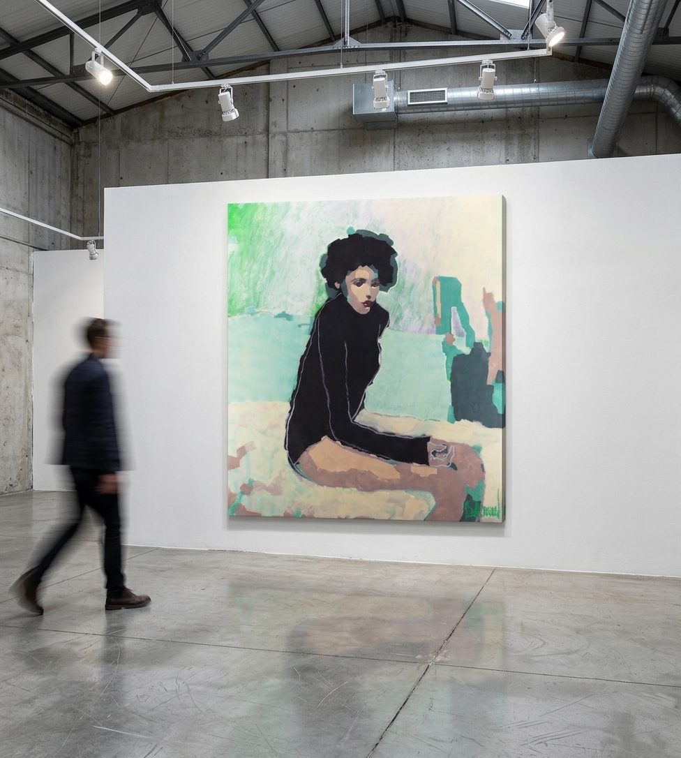 Elsewhere (2026), a 200 × 180 cm figurative painting by Claus Bertermann: acrylic applied with a roller, the figure drawn in oil stick. Hand-painted, no AI.