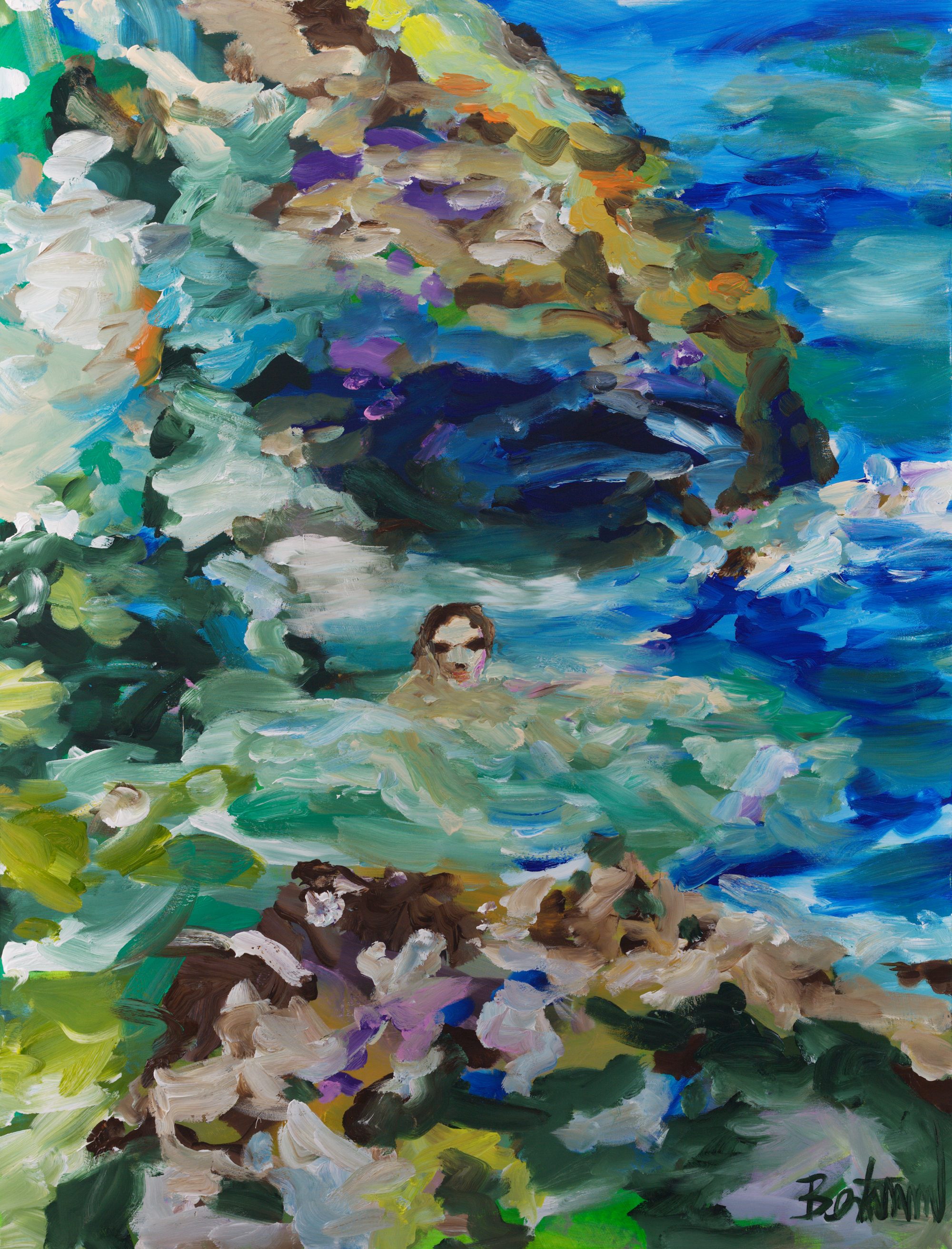 Formentera 01 (2026), a 210 × 160 cm figurative painting by Claus Bertermann — a swimmer in a turquoise bay, an early work of his wet-in-wet travel series. Hand-painted.