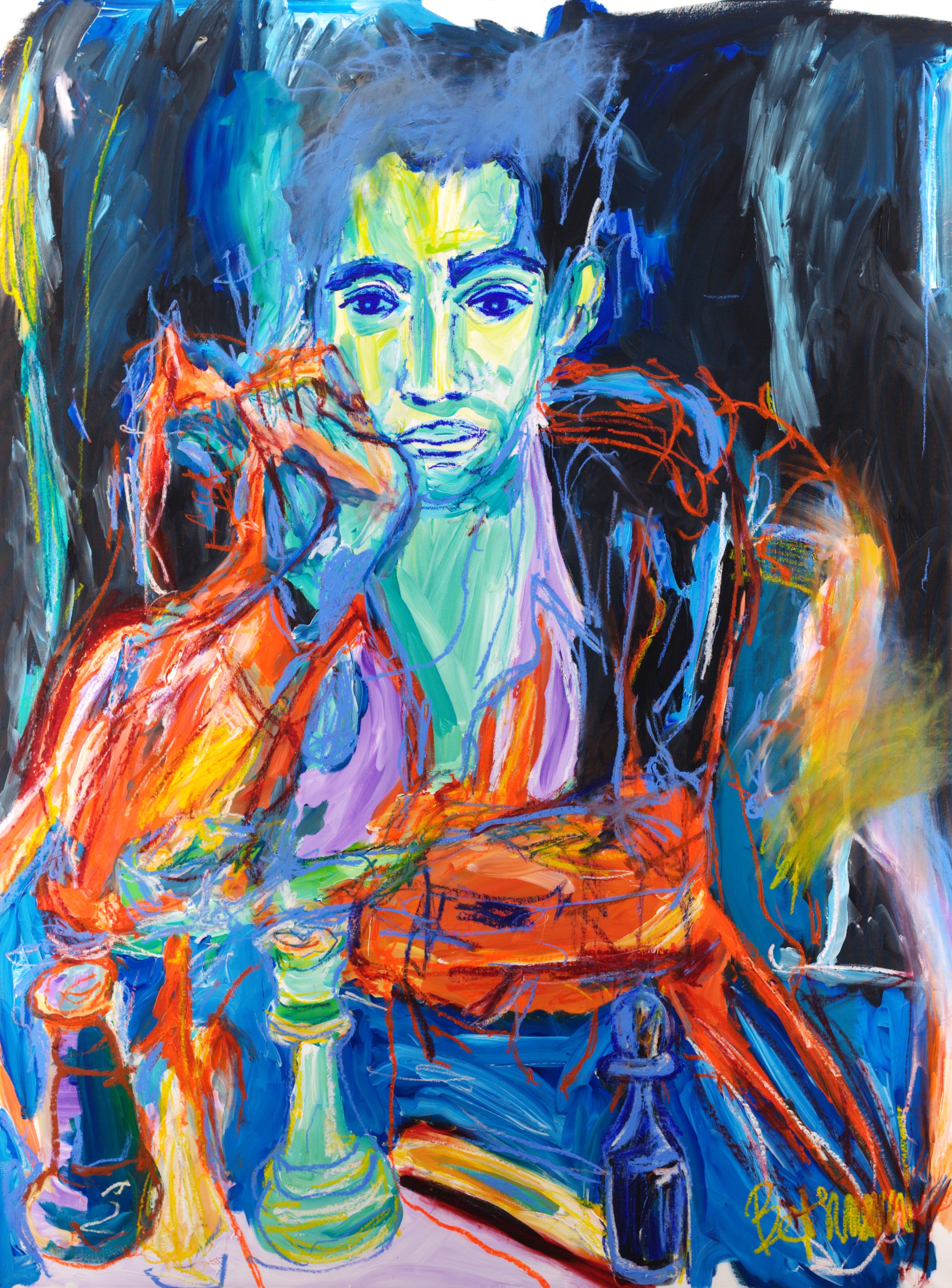 Gambit (2026), a 200 x 150 cm painting by Claus Bertermann - a chess player who has stopped looking at the board and started looking at you. Hand-painted, no AI.