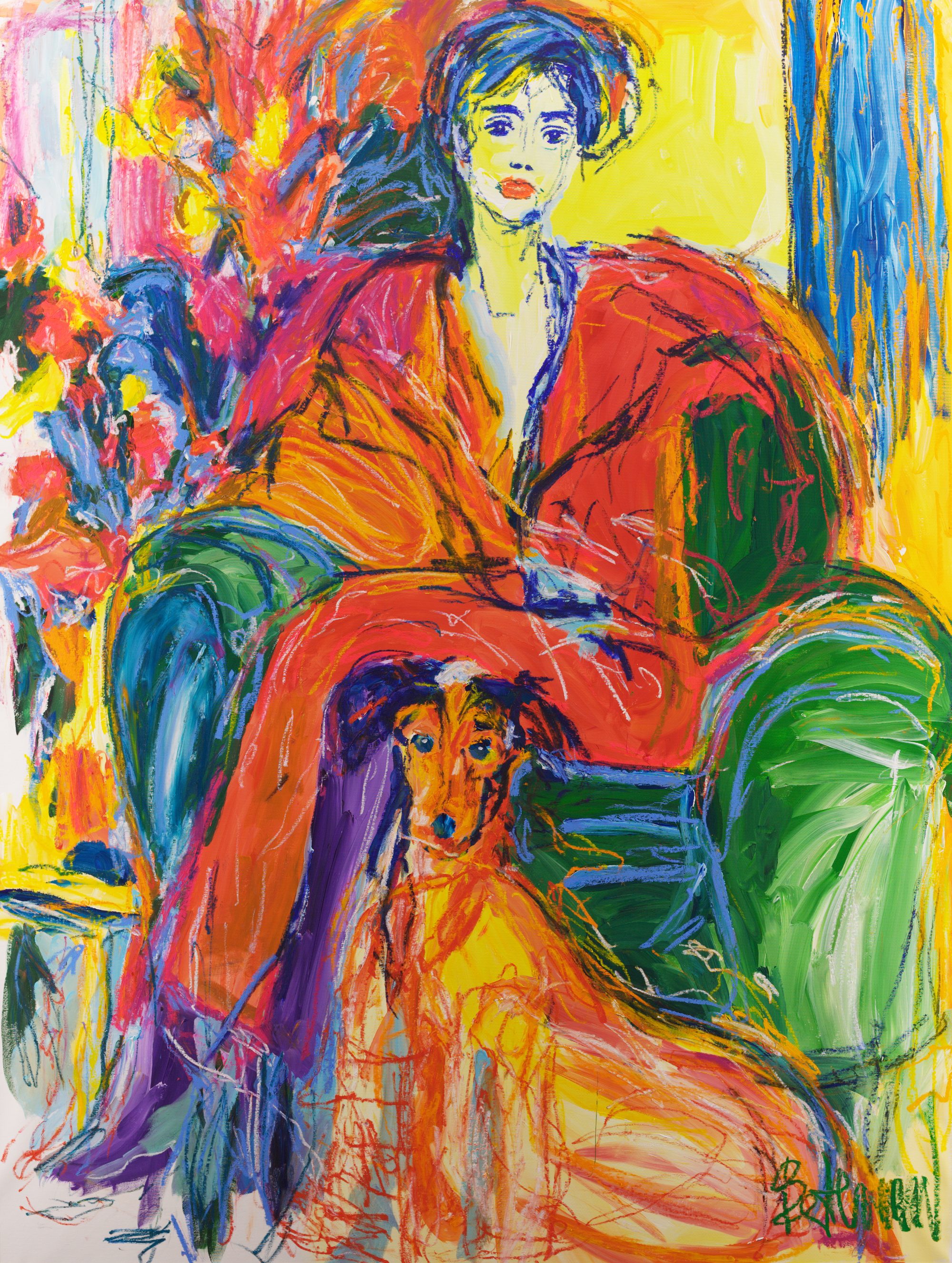 Gatekeeper (2026), a 200 x 150 cm painting by Claus Bertermann - a woman in a green armchair and her hound, two calm faces welcoming you. Hand-painted, no AI.