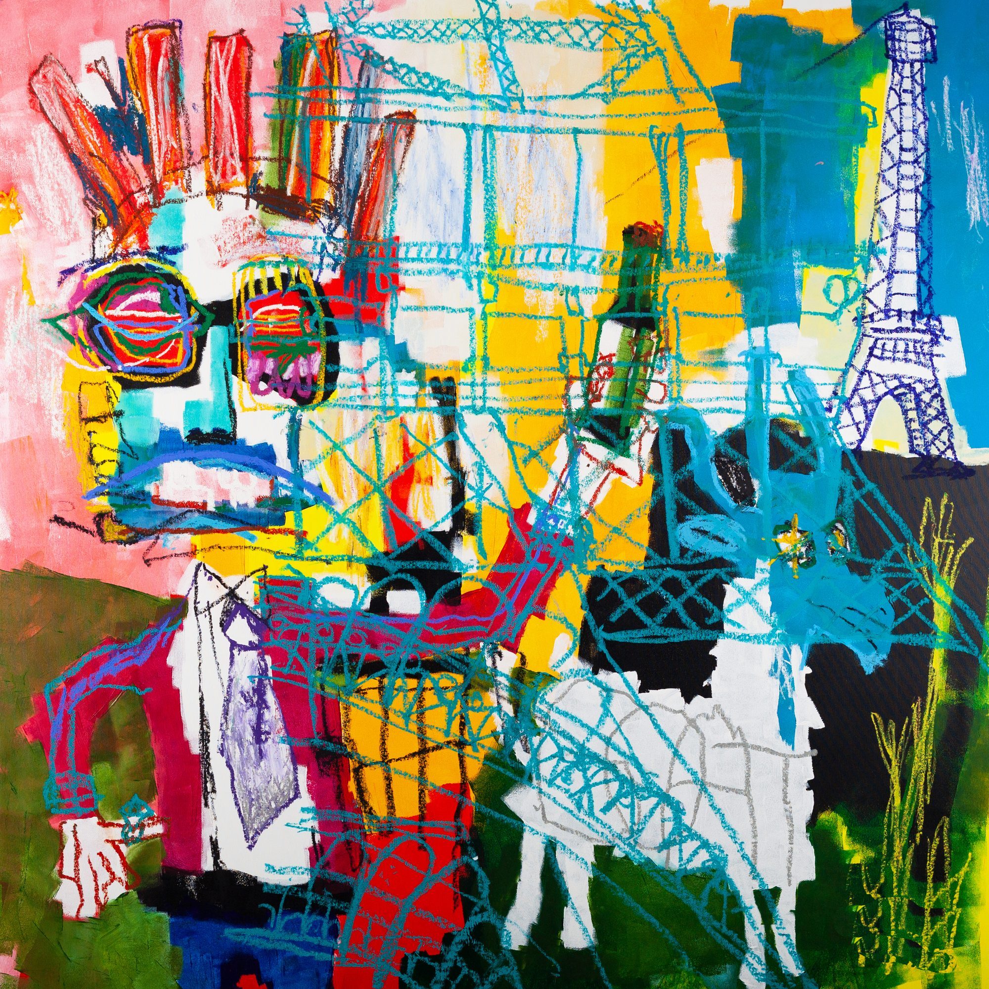 Claus Bertermann - GOAT, contemporary figurative painting, Acrylic and oil stick on canvas, 160x160 cm (63.0 × 63.0 inches), 2024