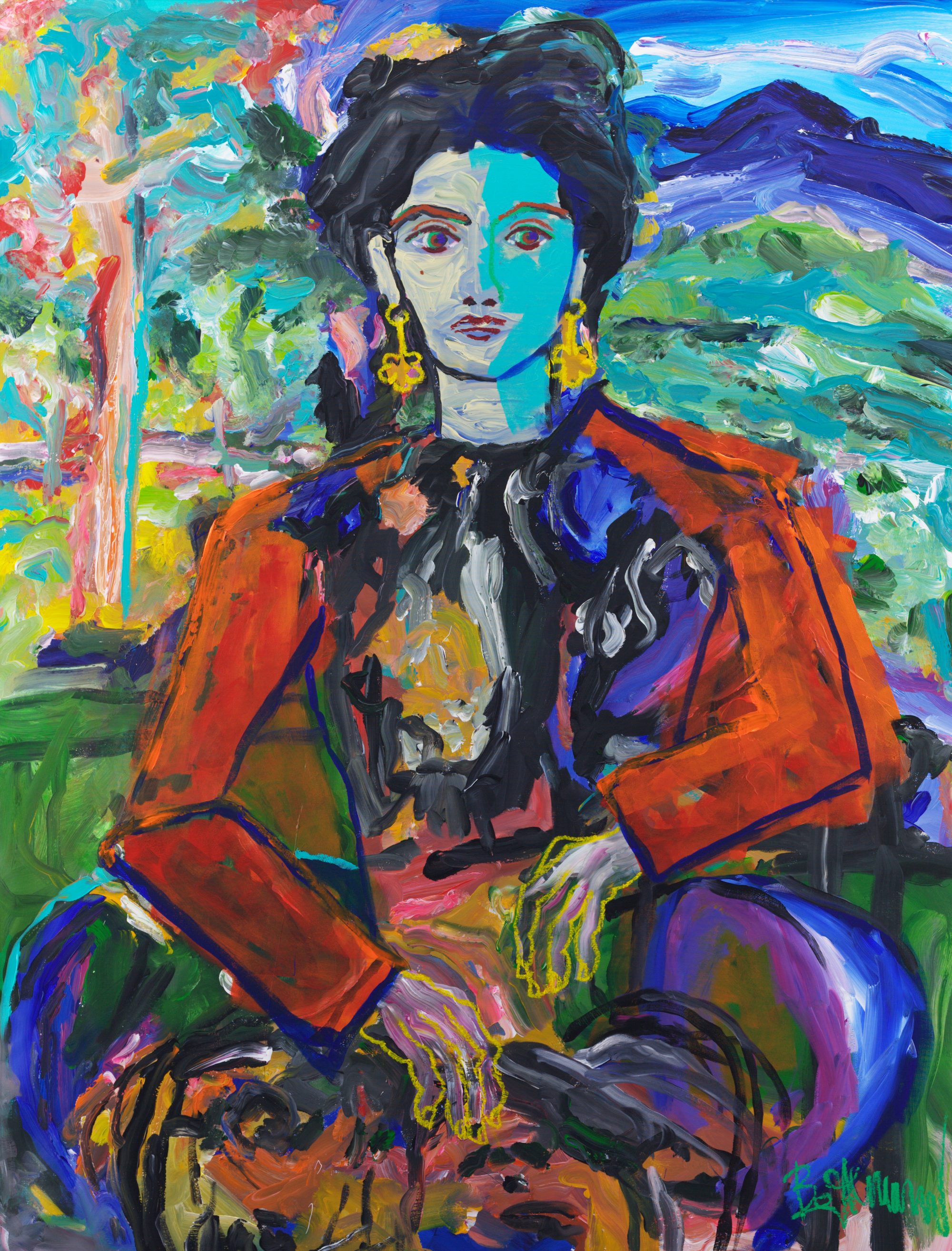 La Sentinelle (2026), a 210 x 160 cm painting by Claus Bertermann - the first portrait of his wet-in-wet expressionist series. Hand-painted, no AI.