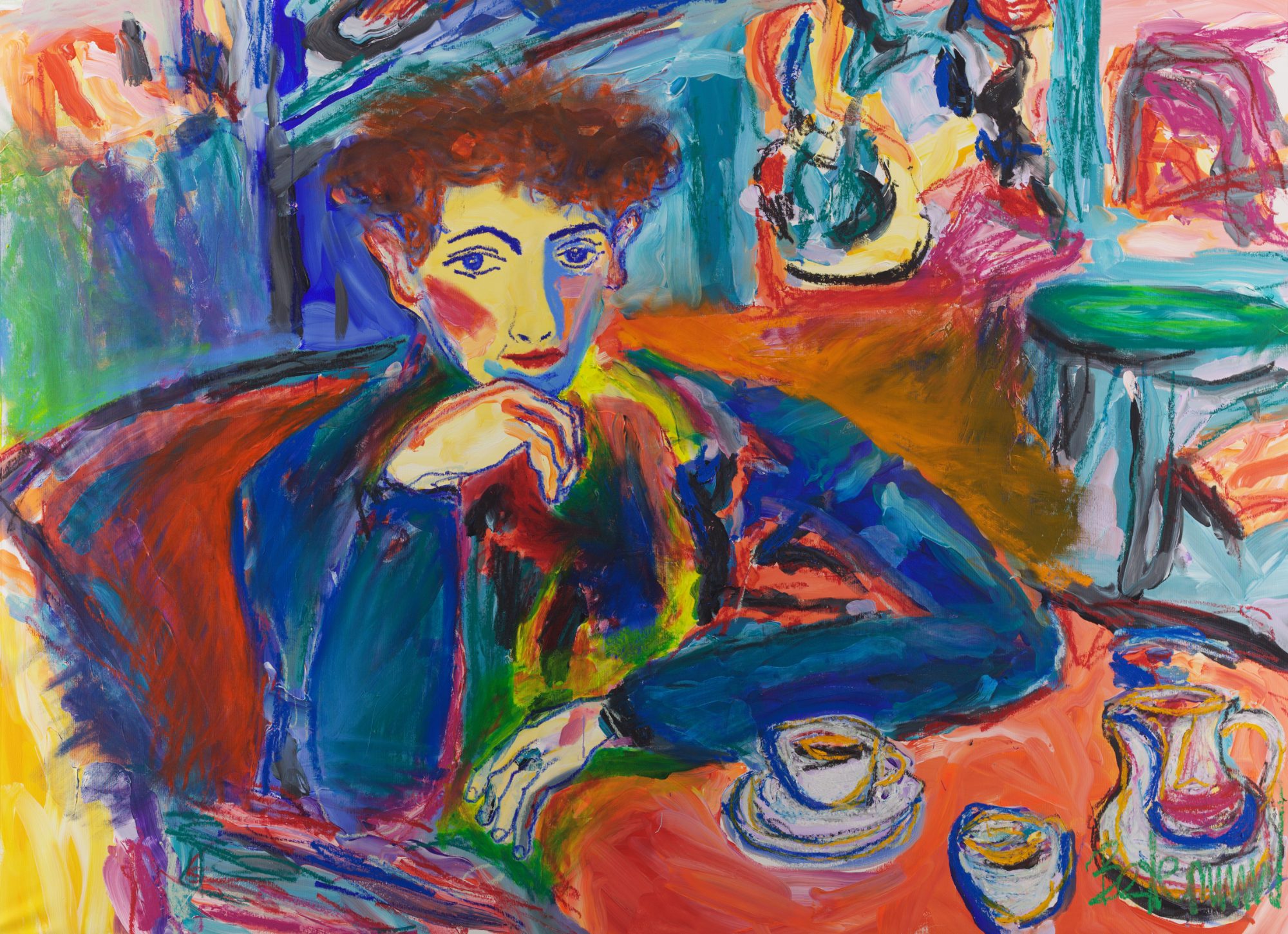 Le Café (2026), a 130 x 180 cm painting by Claus Bertermann - a young man at a café table who looks like he was stood up, and wasn't. Hand-painted, no AI.