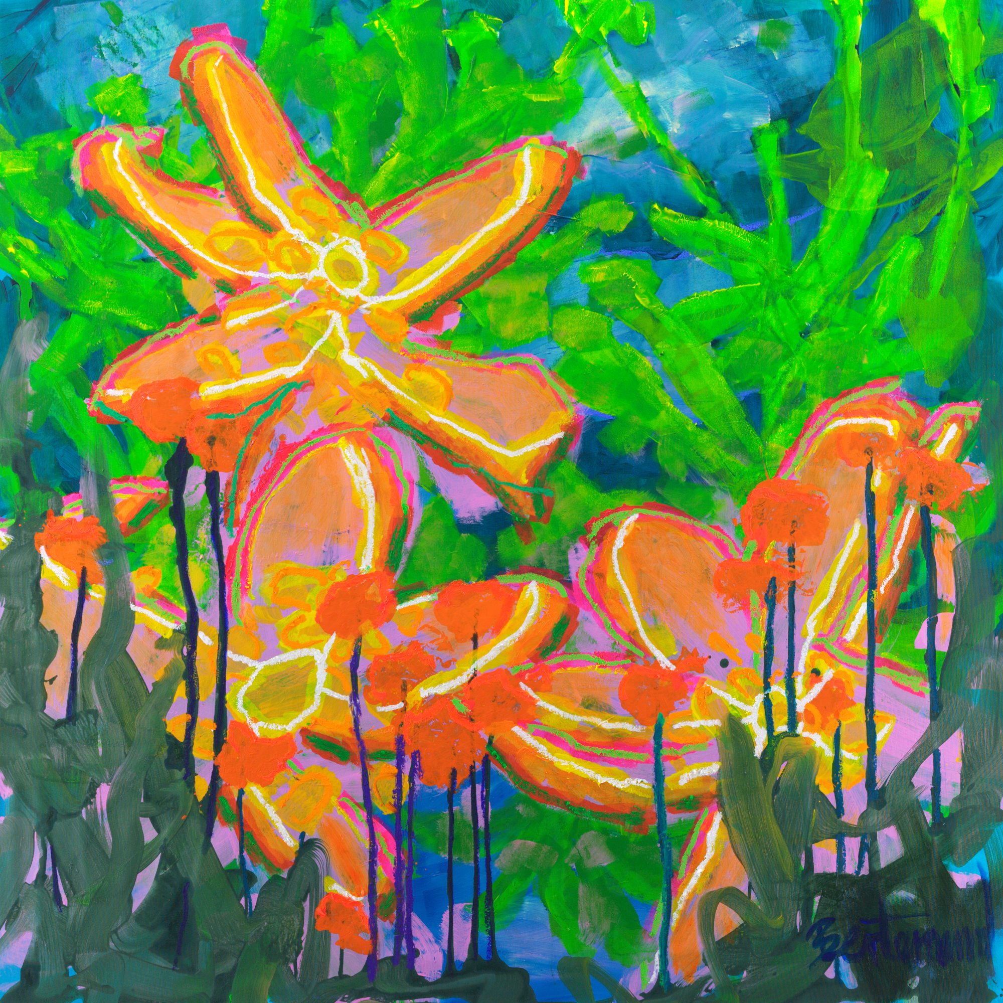 Liliums XL (2026), a 150 × 150 cm figurative painting by Claus Bertermann: acrylic applied with a roller, the lilies drawn in oil stick. Hand-painted, no AI.