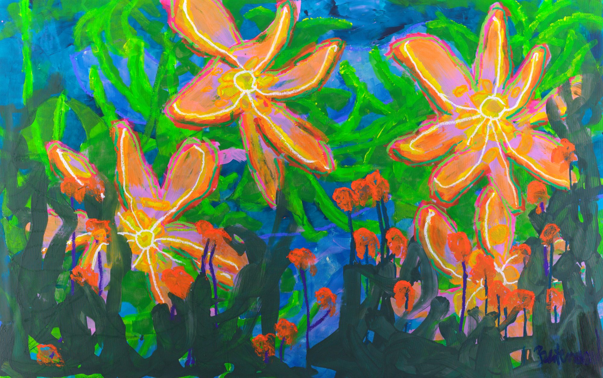 Liliums XXL (2026), a 150 × 240 cm figurative painting by Claus Bertermann: acrylic applied with a roller, the lilies drawn in oil stick. Hand-painted, no AI.