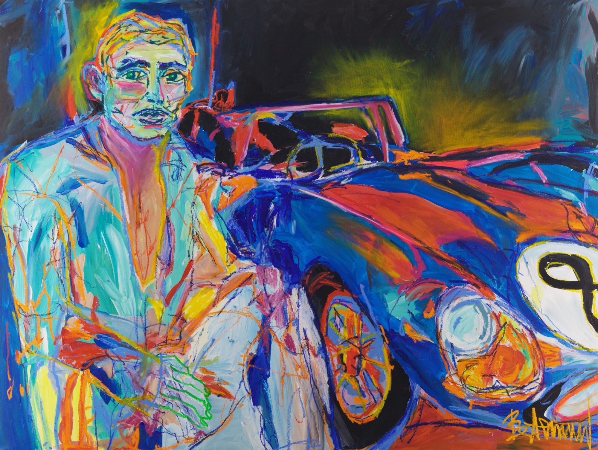 No Halo (2026), a 150 x 200 cm painting by Claus Bertermann - a 1960s racing driver beside his car, and the golden light given to the machine. Hand-painted, no AI.