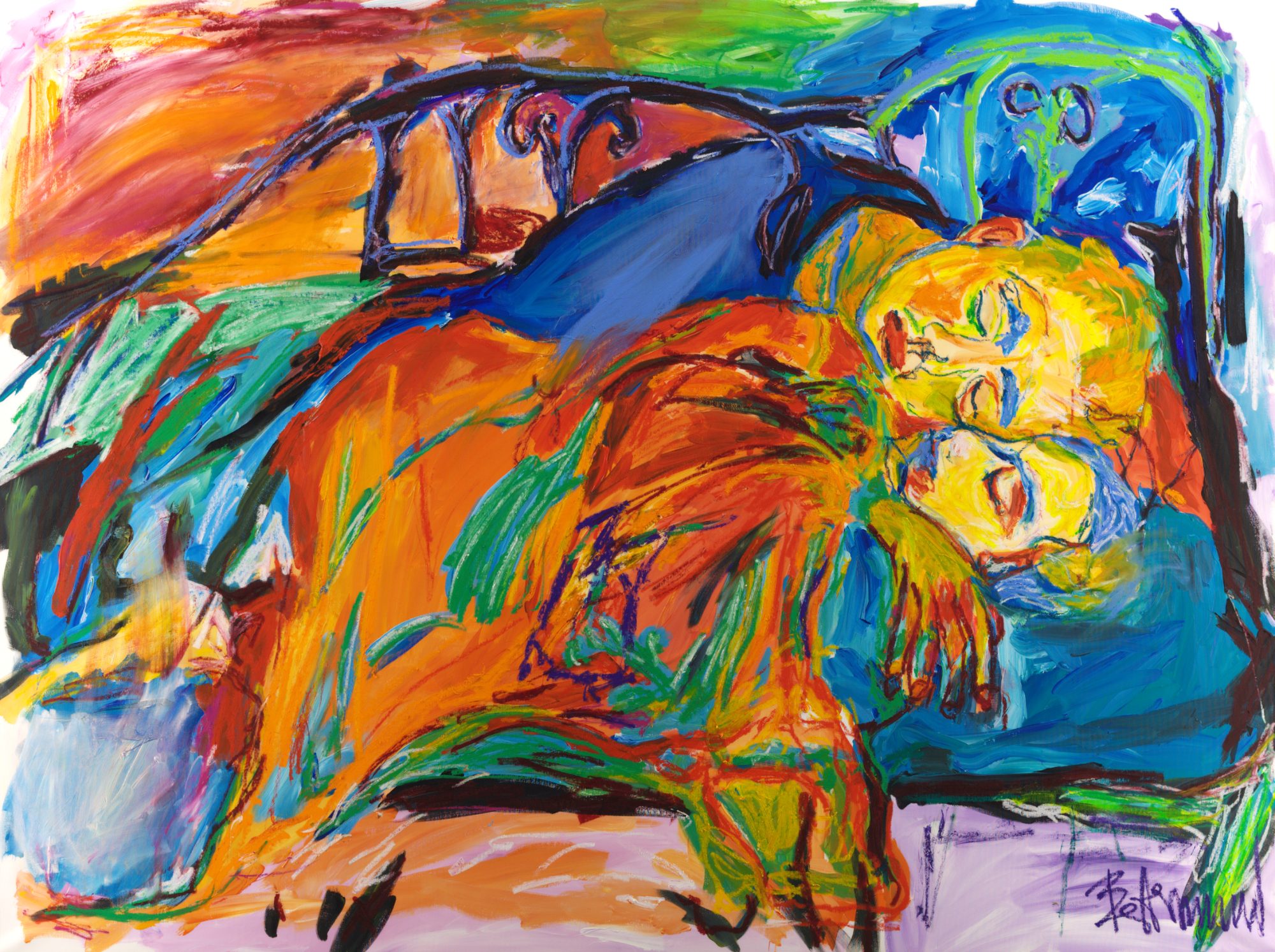 Nocturne (2026), a 150 x 200 cm painting by Claus Bertermann - a couple asleep, and the one moment of their marriage neither of them will ever see. Hand-painted, no AI.