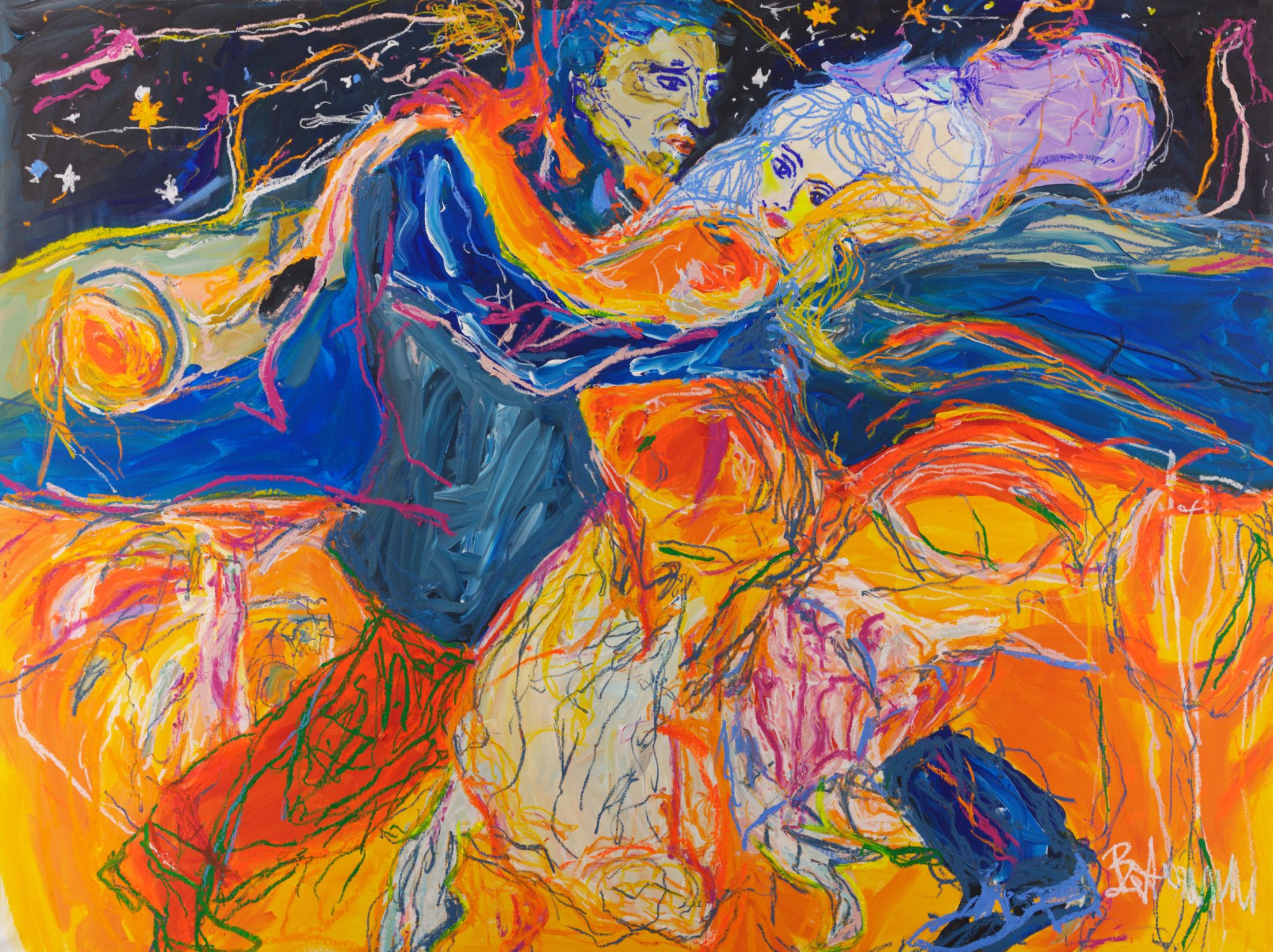 Orbit (2026), a 150 x 200 cm painting by Claus Bertermann - a couple in a deep dance dip under the stars, their own solar system. Hand-painted, no AI.