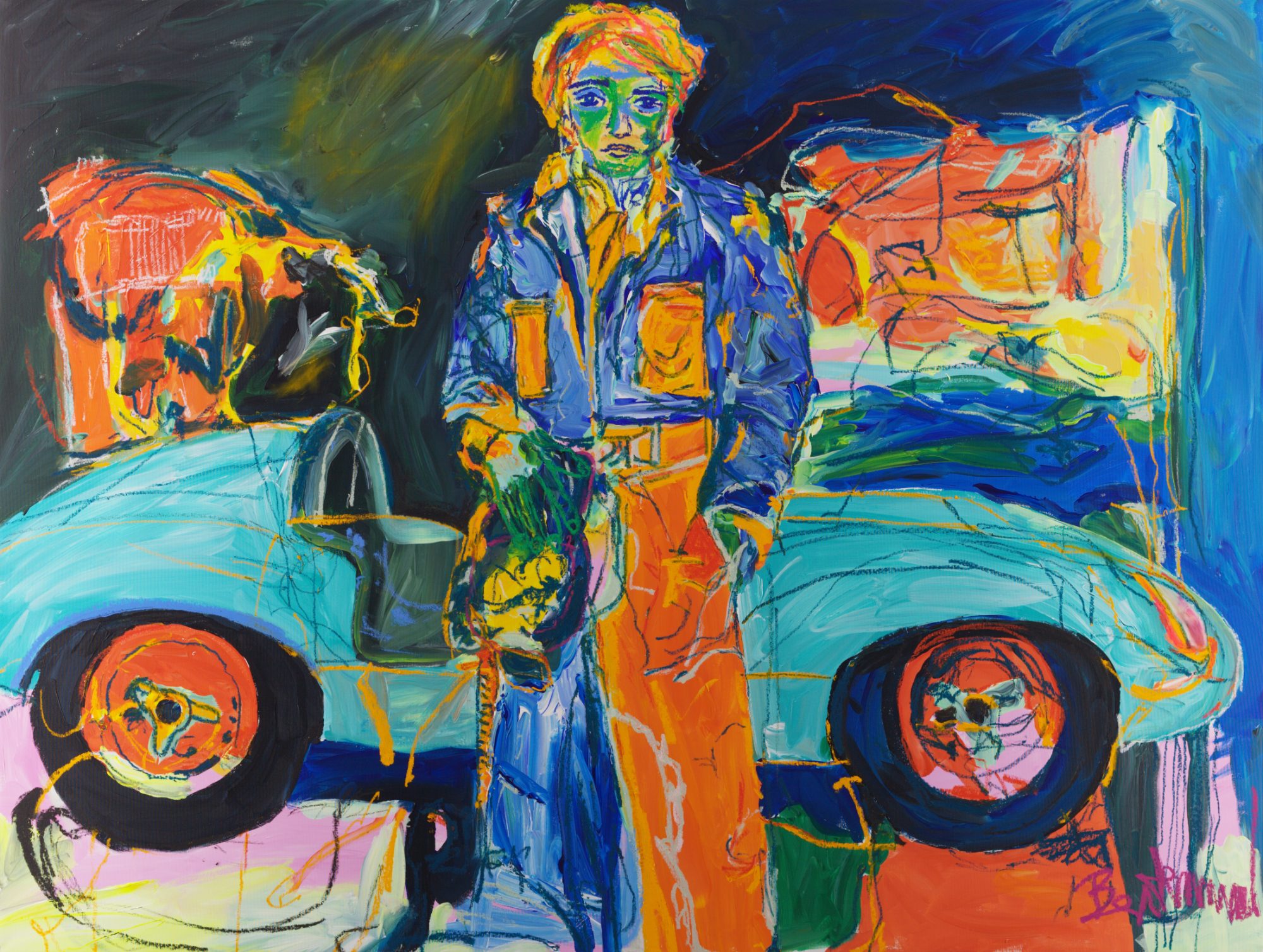 Parc Fermé (2026), a 150 x 200 cm painting by Claus Bertermann - a 1960s driver after the race, helmet in hand, calm in front of his car. Hand-painted, no AI.