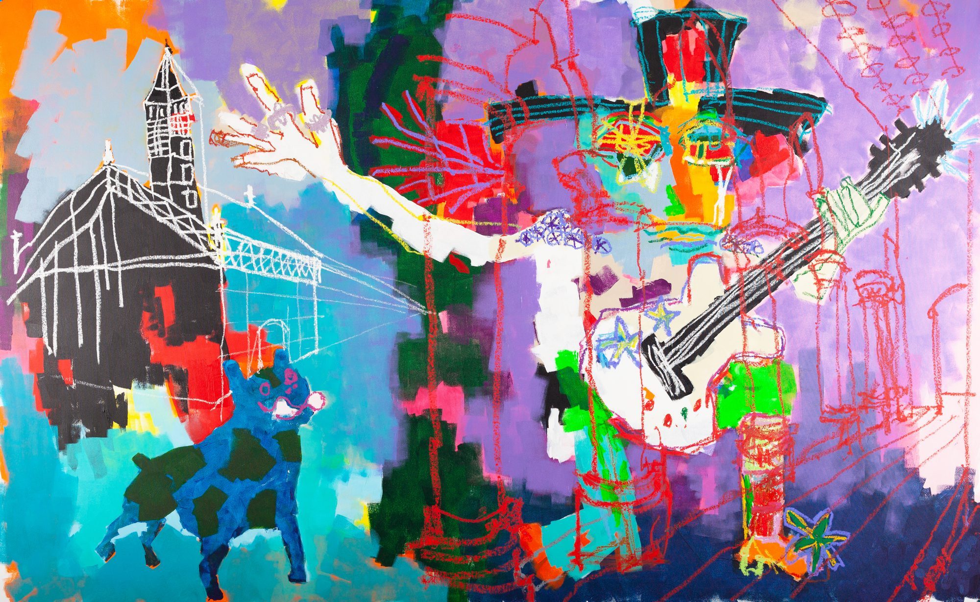 Claus Bertermann - Pierre and The Great Cosmo, contemporary figurative painting, Acrylic and oil stick on canvas, 160x260 cm (63.0 × 102.4 inches), 2024