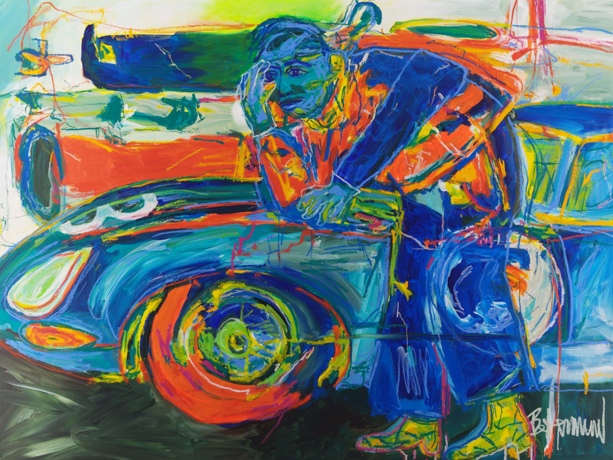 Pit Stop (2026), a 150 x 200 cm painting by Claus Bertermann - a mechanic in The Thinker's pose, searching for the fault against the clock. Hand-painted, no AI.
