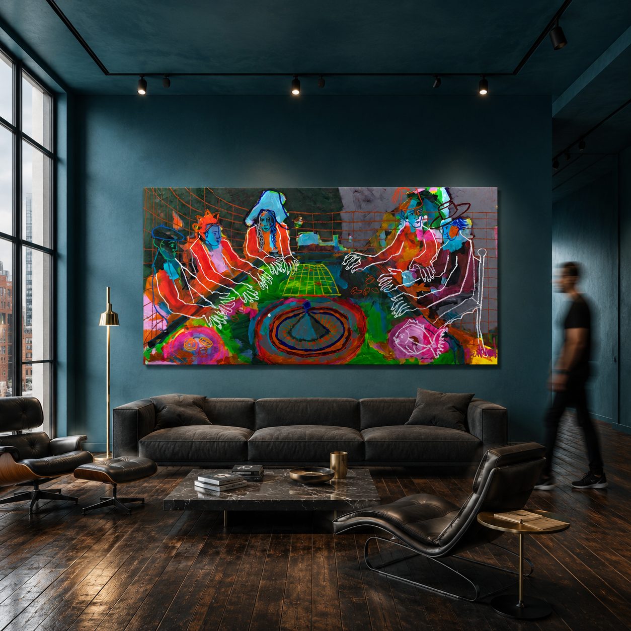 Rien ne va Plus (2026) by Claus Bertermann — five hatted players around a roulette table at the croupier's last call, one flinging his final chips while a neighbour grabs his arm, with trays of two Bitcoins and a fish, drawn in white oil stick over acid-bright acrylic. 160 × 310 cm. Hand-painted, no AI.
