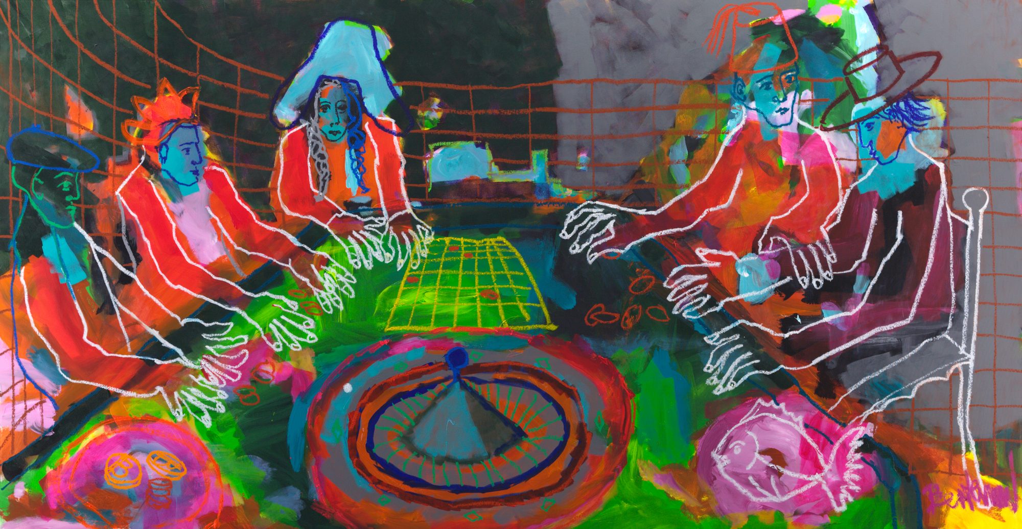 Rien ne va Plus (2026), a 160 × 310 cm figurative painting by Claus Bertermann: five hatted players at a roulette table at the croupier's last call. Hand-painted, no AI.